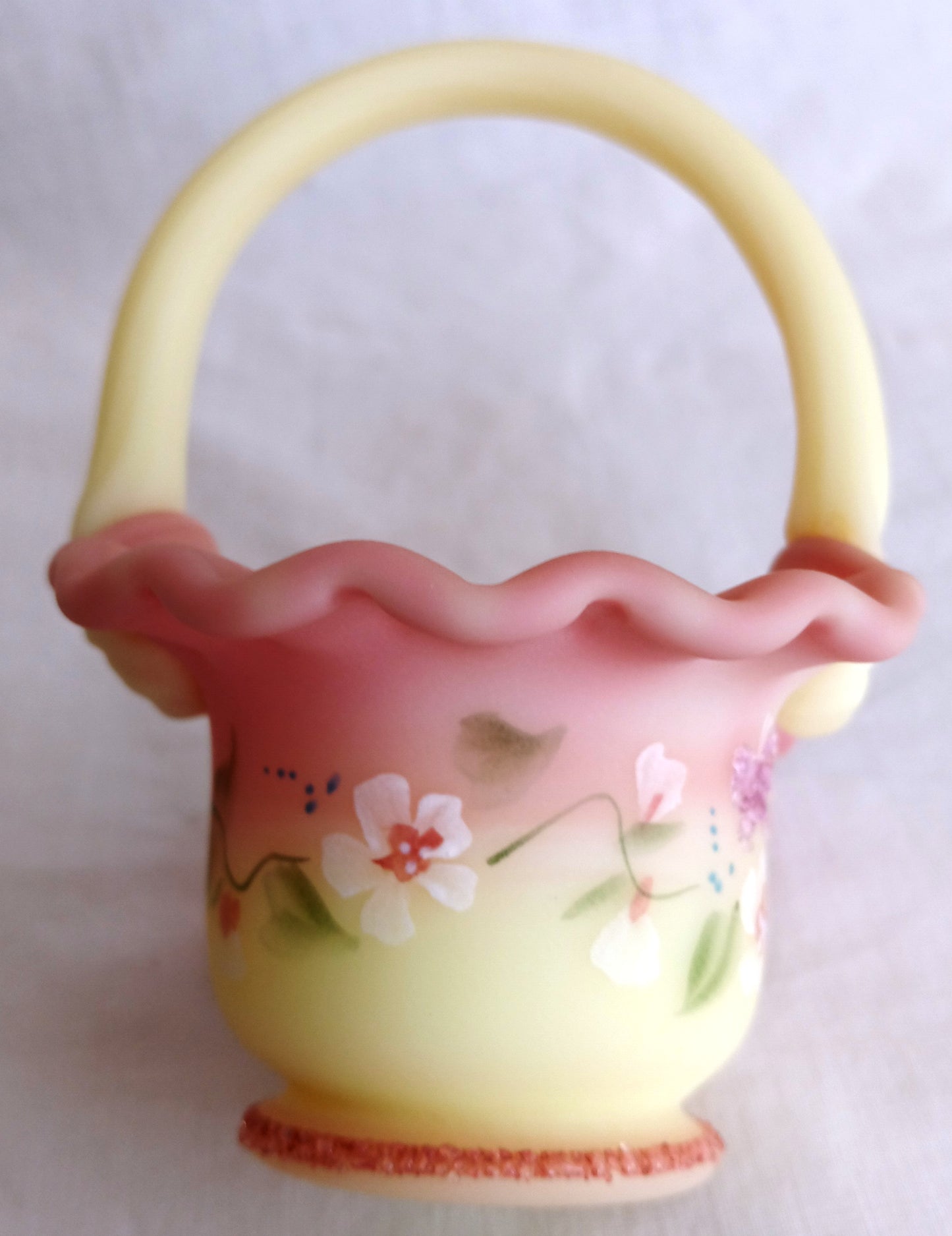 Vintage Fenton Burmese Satin Glass Mini Basket In Honor of QVCs 10th Anniversary Hand Painted Ruffled Art Glass Signed- B. Fluharty-NOS
