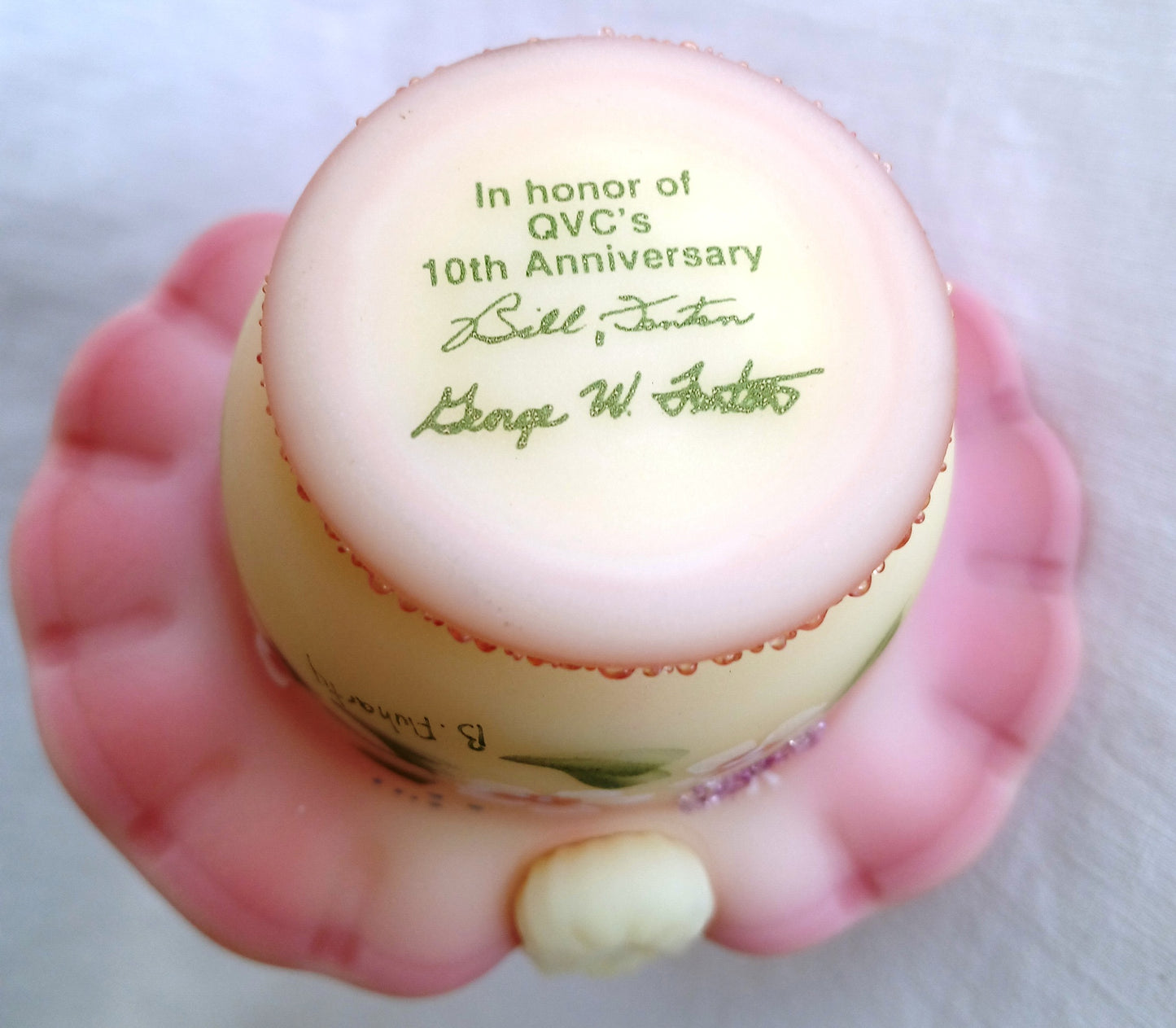 Vintage Fenton Burmese Satin Glass Mini Basket In Honor of QVCs 10th Anniversary Hand Painted Ruffled Art Glass Signed- B. Fluharty-NOS