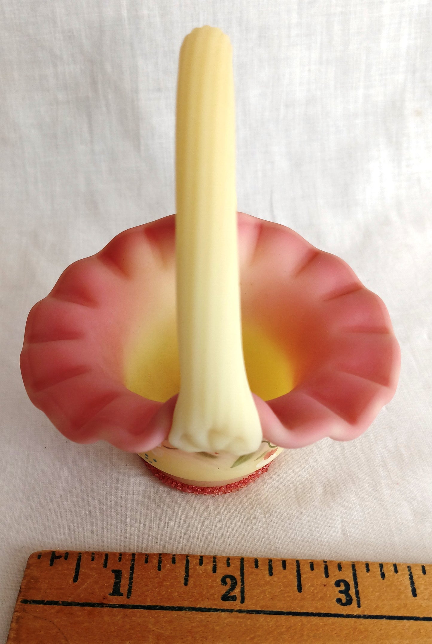 Vintage Fenton Burmese Satin Glass Mini Basket In Honor of QVCs 10th Anniversary Hand Painted Ruffled Art Glass Signed- B. Fluharty-NOS