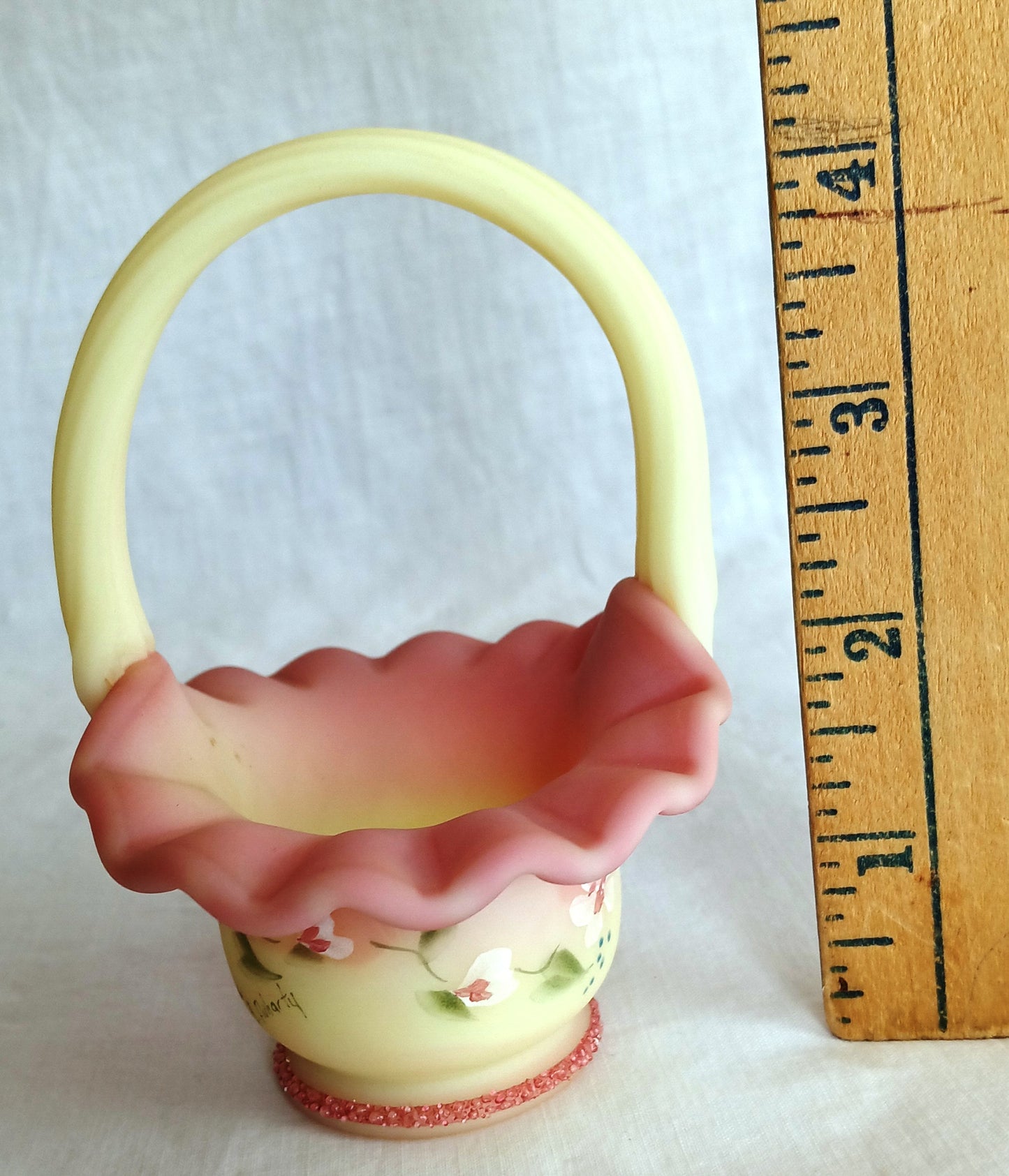 Vintage Fenton Burmese Satin Glass Mini Basket In Honor of QVCs 10th Anniversary Hand Painted Ruffled Art Glass Signed- B. Fluharty-NOS