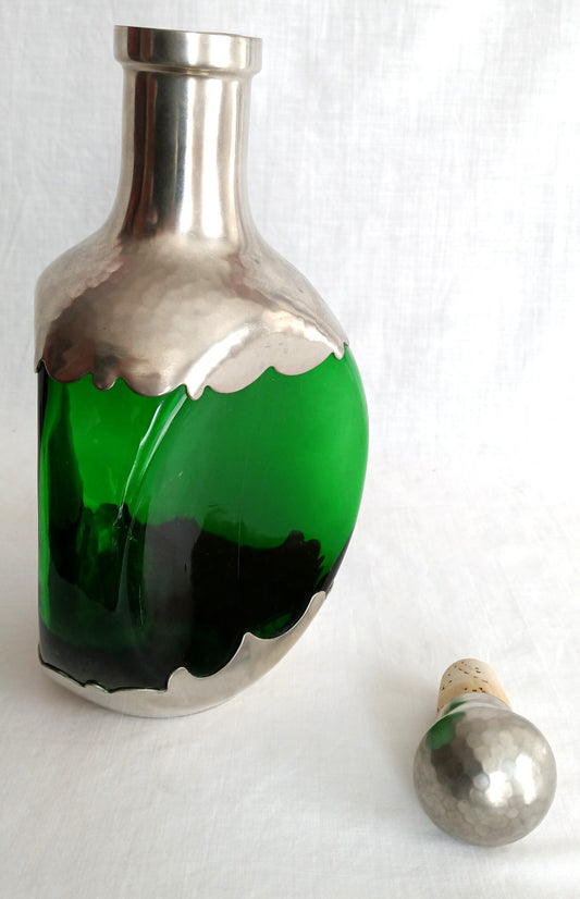 Vintage Royal Holland Daalderop Pinched 3-Sided Hammered Pewter over Emerald Green Glass Decanter Bottle w/Stopper- Barware- NOS