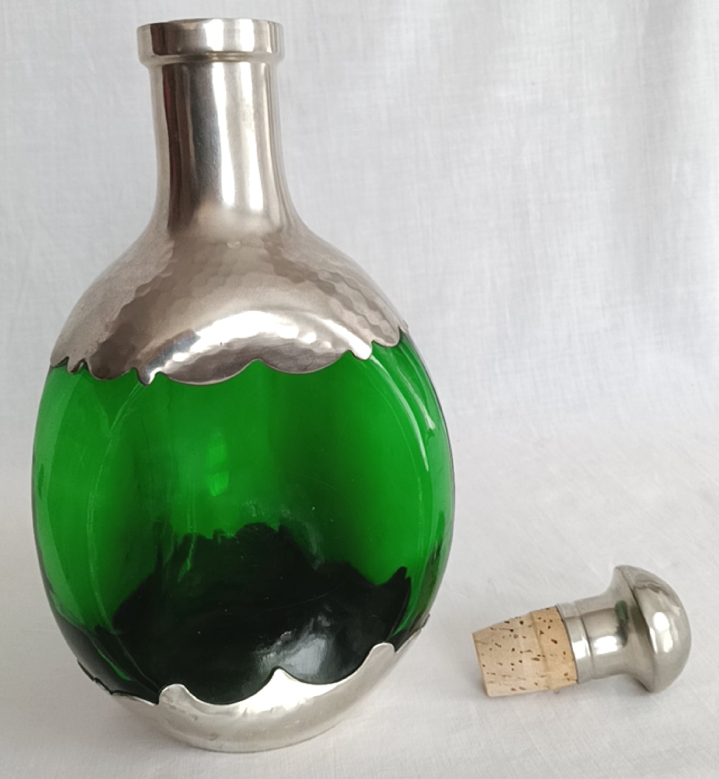 Vintage Royal Holland Daalderop Pinched 3-Sided Hammered Pewter over Emerald Green Glass Decanter Bottle w/Stopper- Barware- NOS
