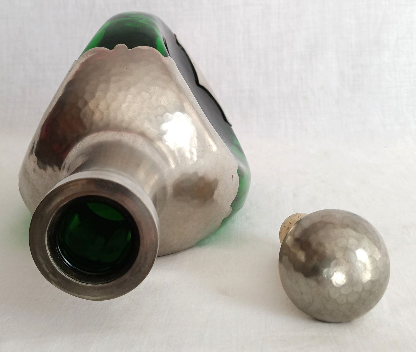 Vintage Royal Holland Daalderop Pinched 3-Sided Hammered Pewter over Emerald Green Glass Decanter Bottle w/Stopper- Barware- NOS