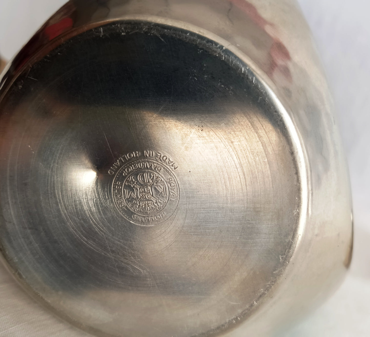 Vintage Royal Holland Daalderop Pinched 3-Sided Hammered Pewter over Emerald Green Glass Decanter Bottle w/Stopper- Barware- NOS