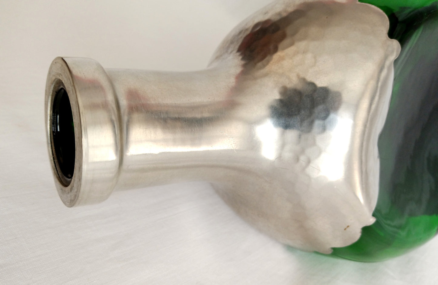 Vintage Royal Holland Daalderop Pinched 3-Sided Hammered Pewter over Emerald Green Glass Decanter Bottle w/Stopper- Barware- NOS