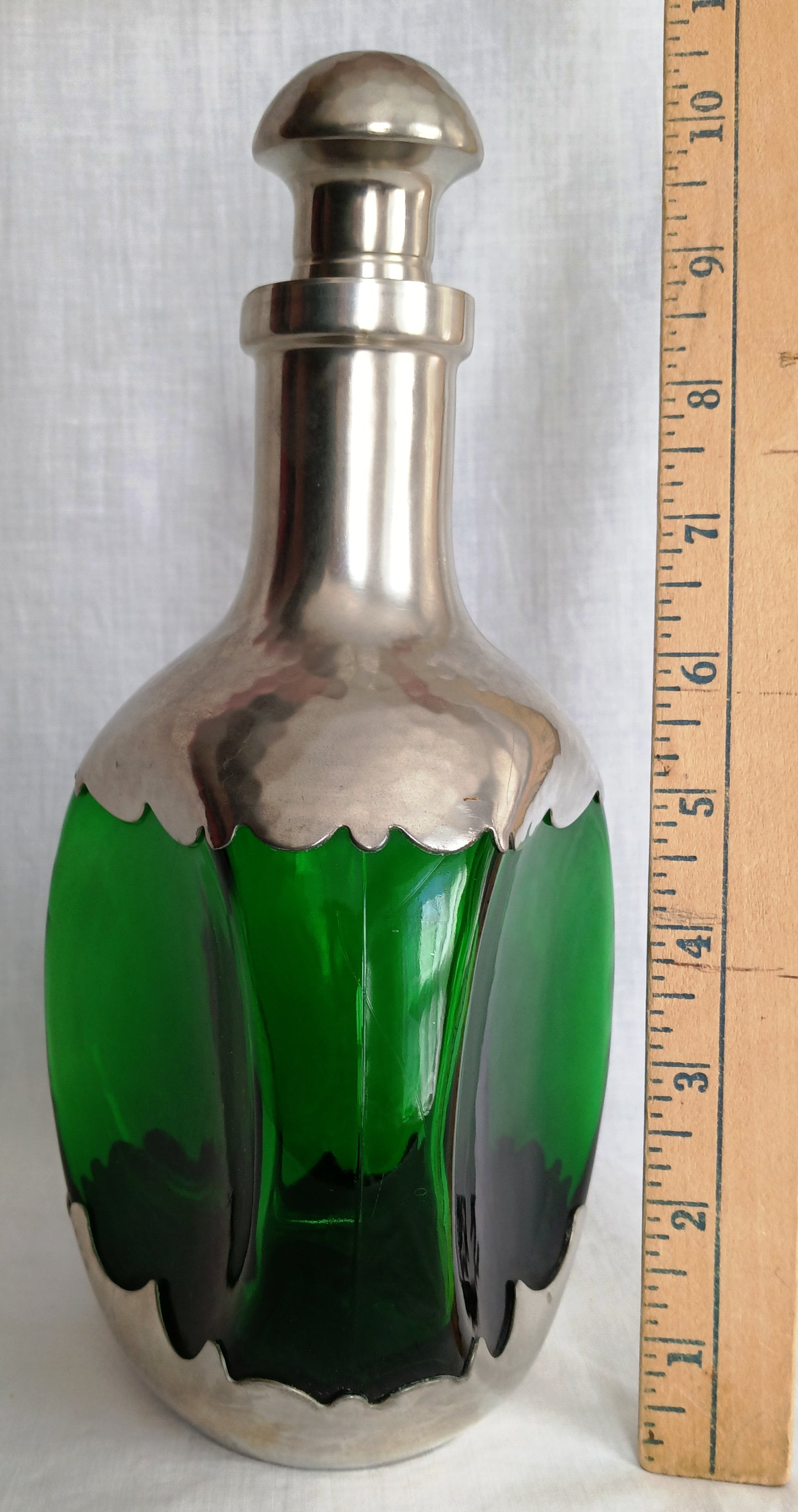 Vintage Royal Holland Daalderop Pinched 3-Sided Hammered Pewter over Emerald Green Glass Decanter Bottle w/Stopper- Barware- NOS
