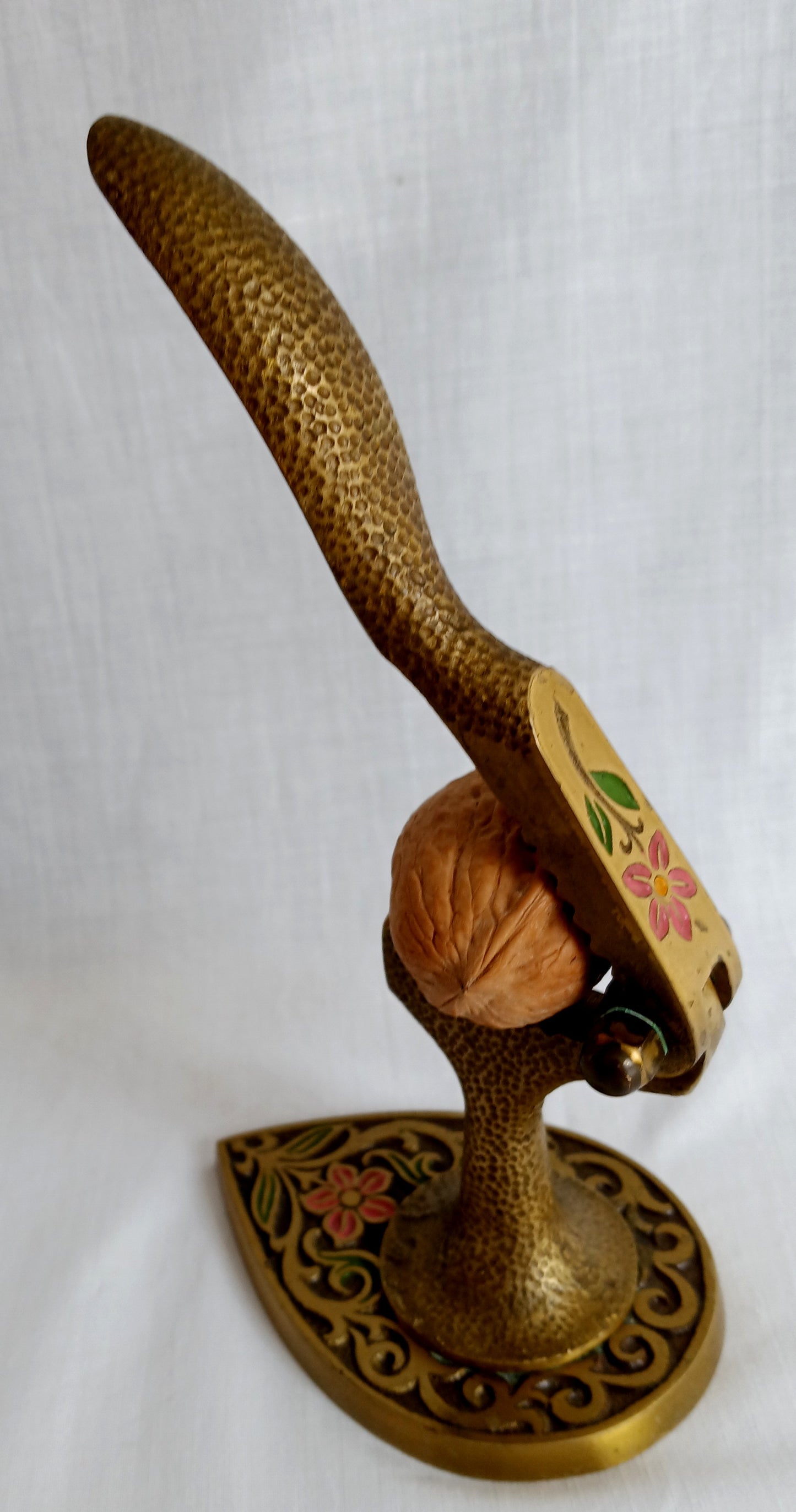 Vintage Tamar Brass Pedestal Nutcracker Hammered Texture Handle Embossed Enamel Painted Floral Design – Made in Israel