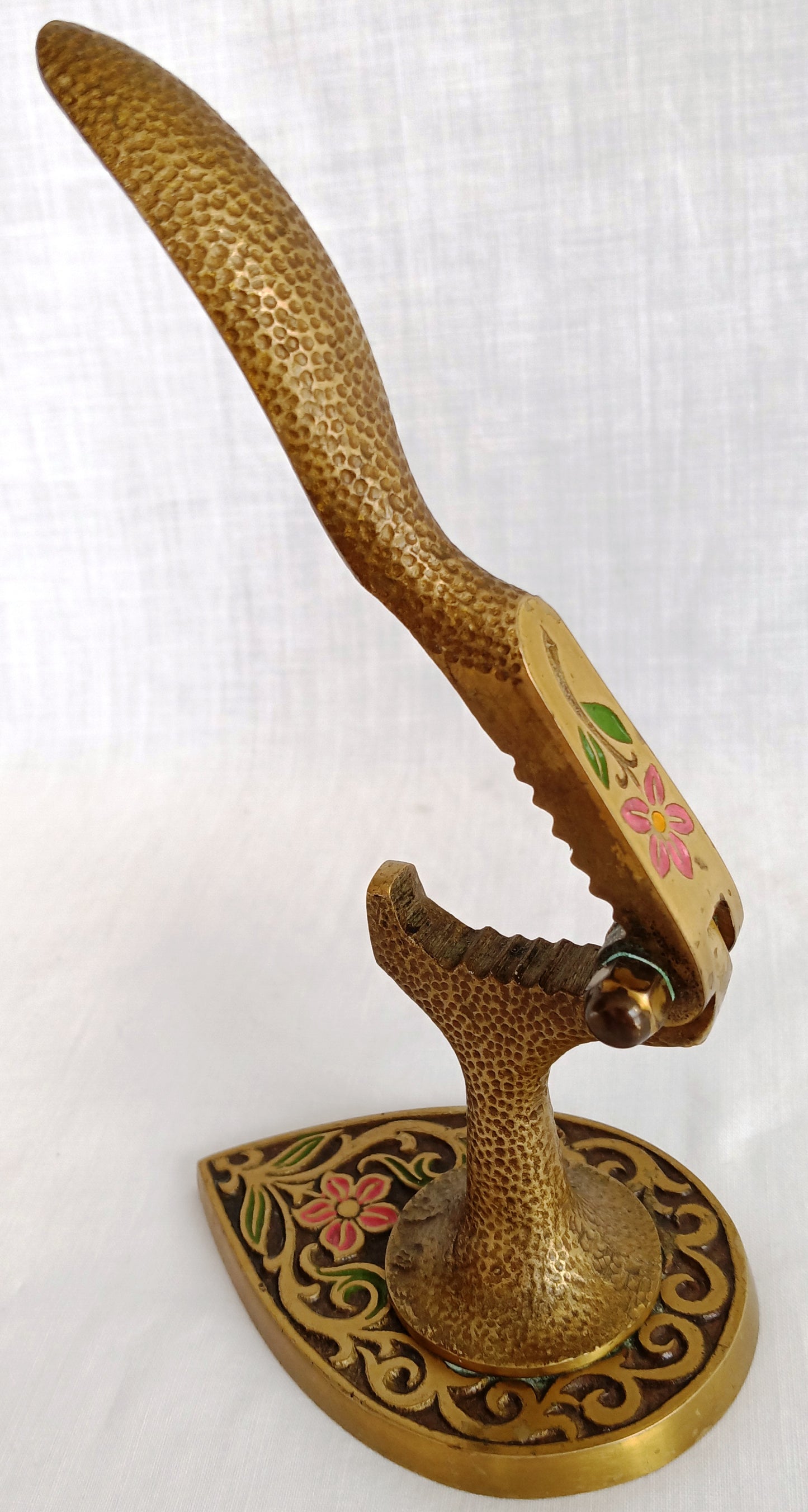 Vintage Tamar Brass Pedestal Nutcracker Hammered Texture Handle Embossed Enamel Painted Floral Design – Made in Israel