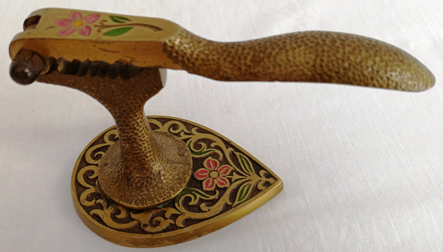 Vintage Tamar Brass Pedestal Nutcracker Hammered Texture Handle Embossed Enamel Painted Floral Design – Made in Israel