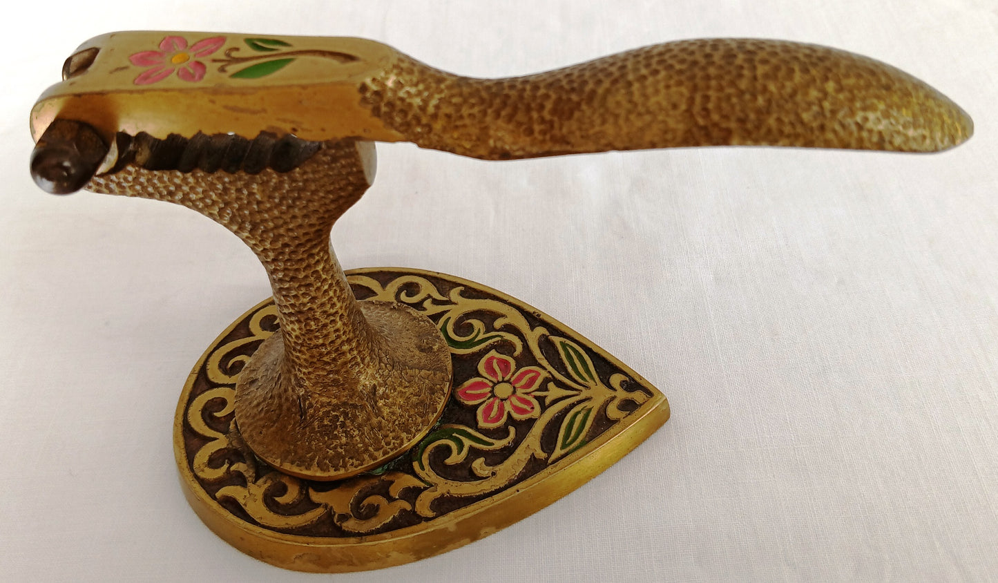 Vintage Tamar Brass Pedestal Nutcracker Hammered Texture Handle Embossed Enamel Painted Floral Design – Made in Israel