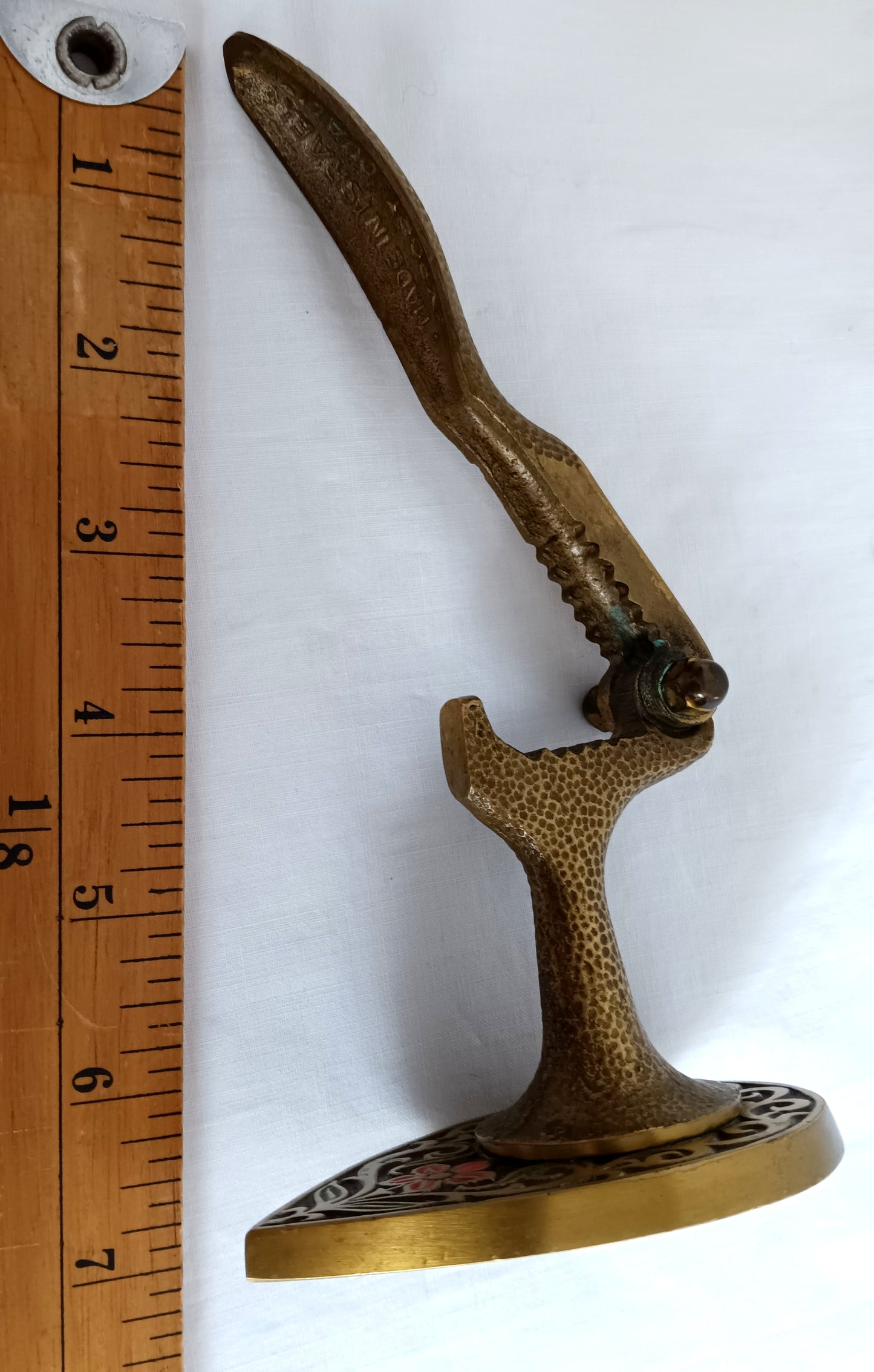 Vintage Tamar Brass Pedestal Nutcracker Hammered Texture Handle Embossed Enamel Painted Floral Design – Made in Israel