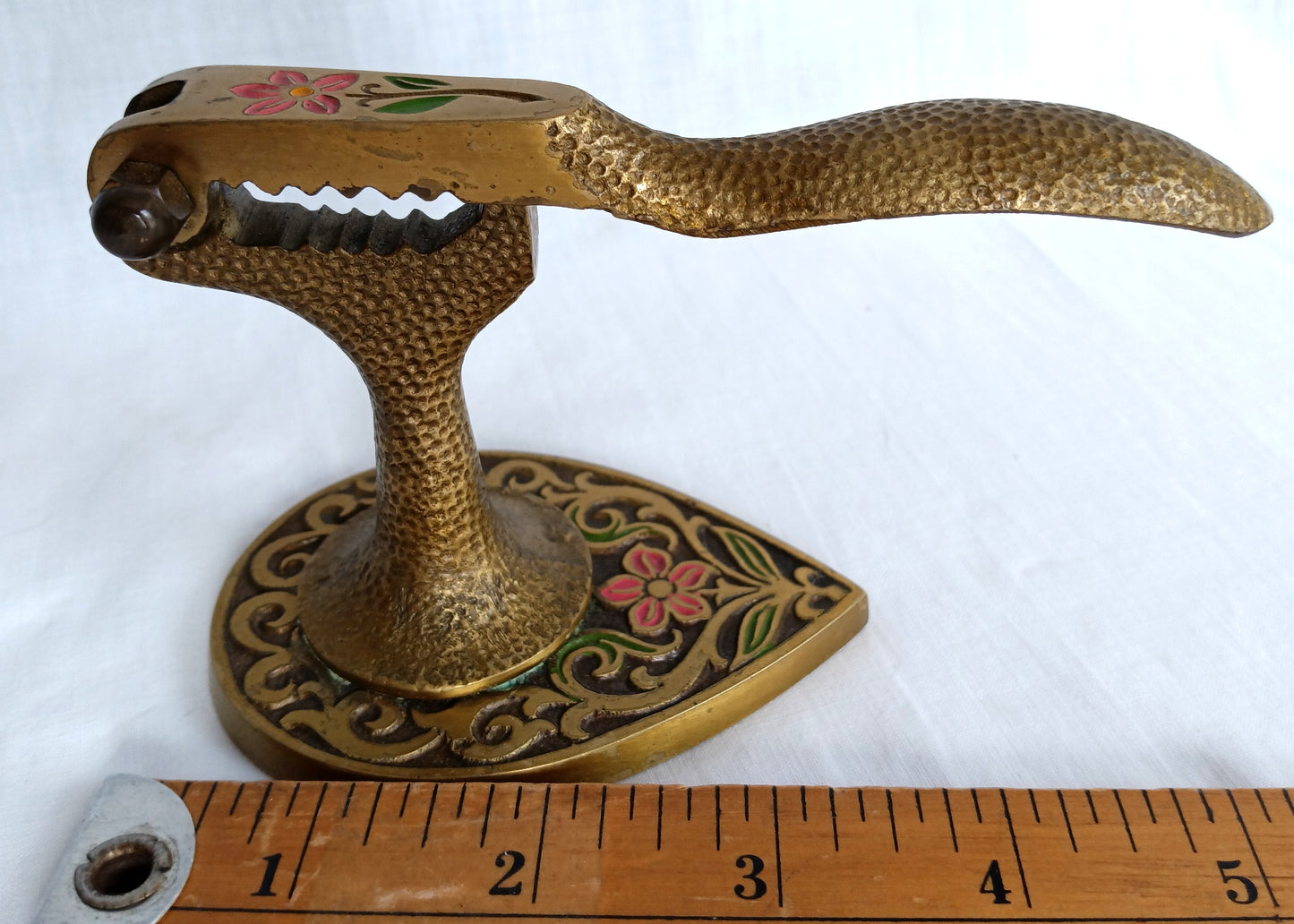Vintage Tamar Brass Pedestal Nutcracker Hammered Texture Handle Embossed Enamel Painted Floral Design – Made in Israel