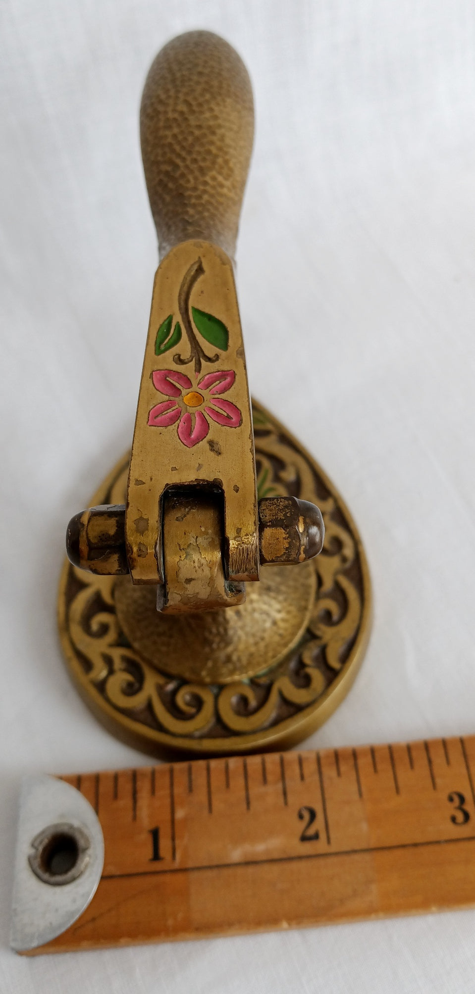 Vintage Tamar Brass Pedestal Nutcracker Hammered Texture Handle Embossed Enamel Painted Floral Design – Made in Israel