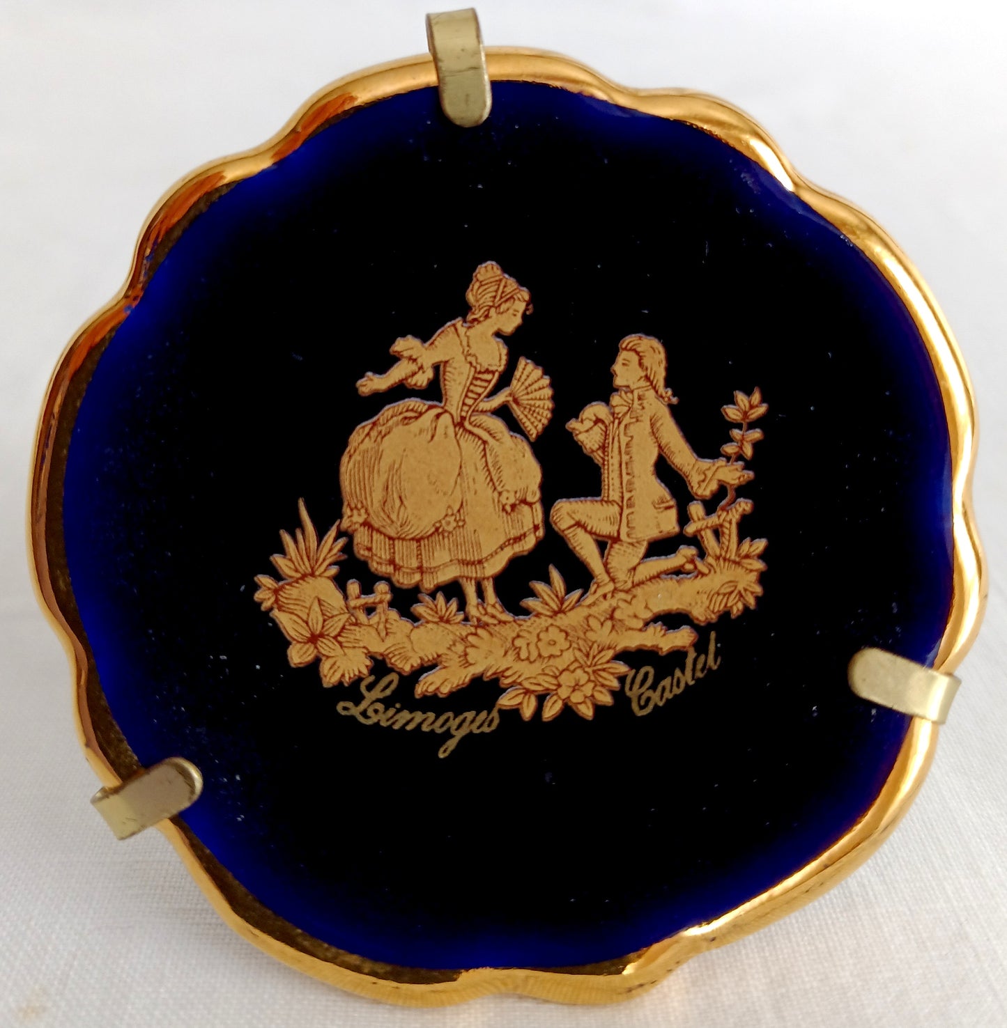 Vintage Mini Plate Limoges Castel Gold Cobalt Blue Enamel Porcelain Courting Couple Collector Plate w/ Ballesta Stand Wall Hanging-France