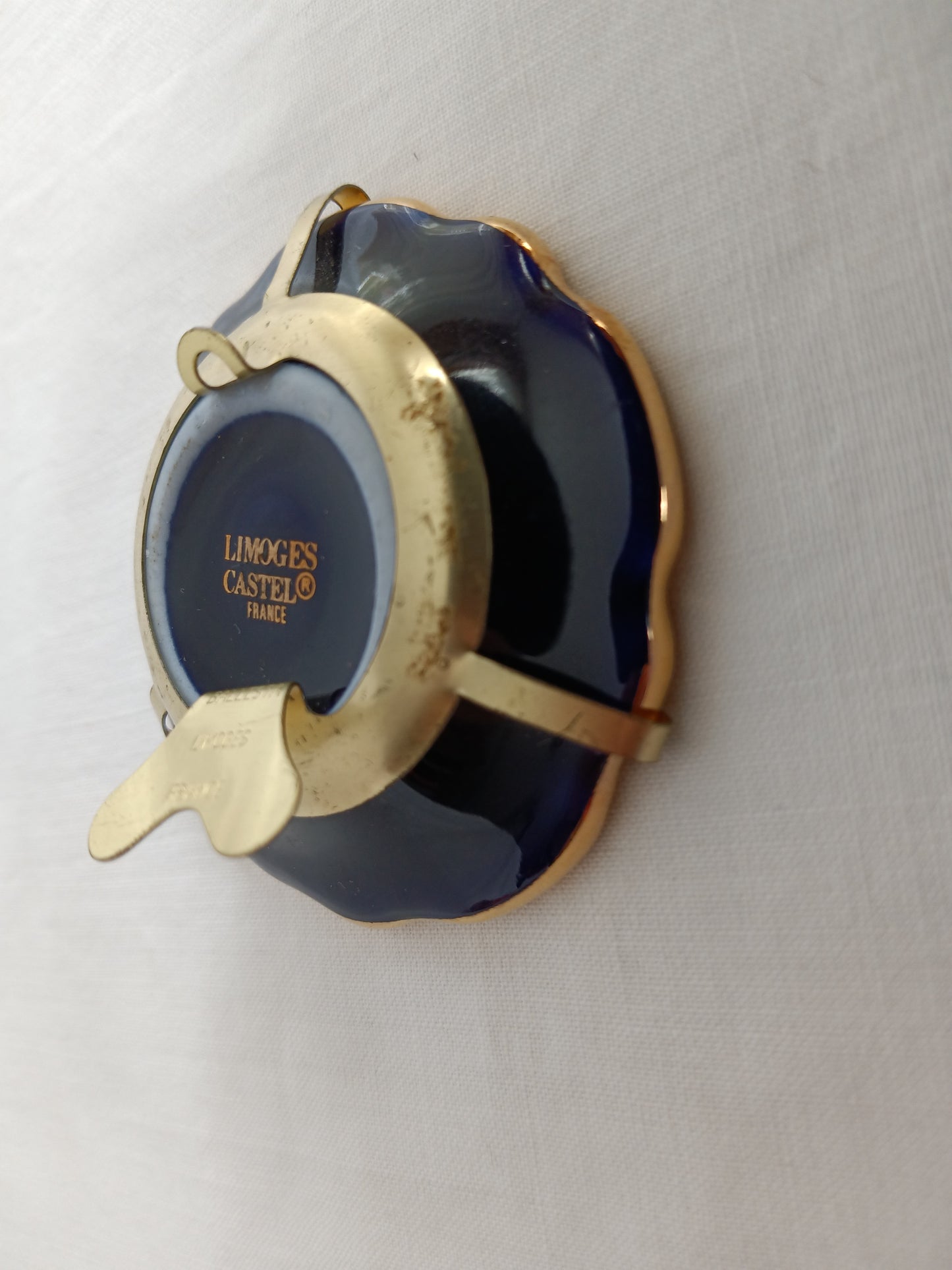 Vintage Mini Plate Limoges Castel Gold Cobalt Blue Enamel Porcelain Courting Couple Collector Plate w/ Ballesta Stand Wall Hanging-France