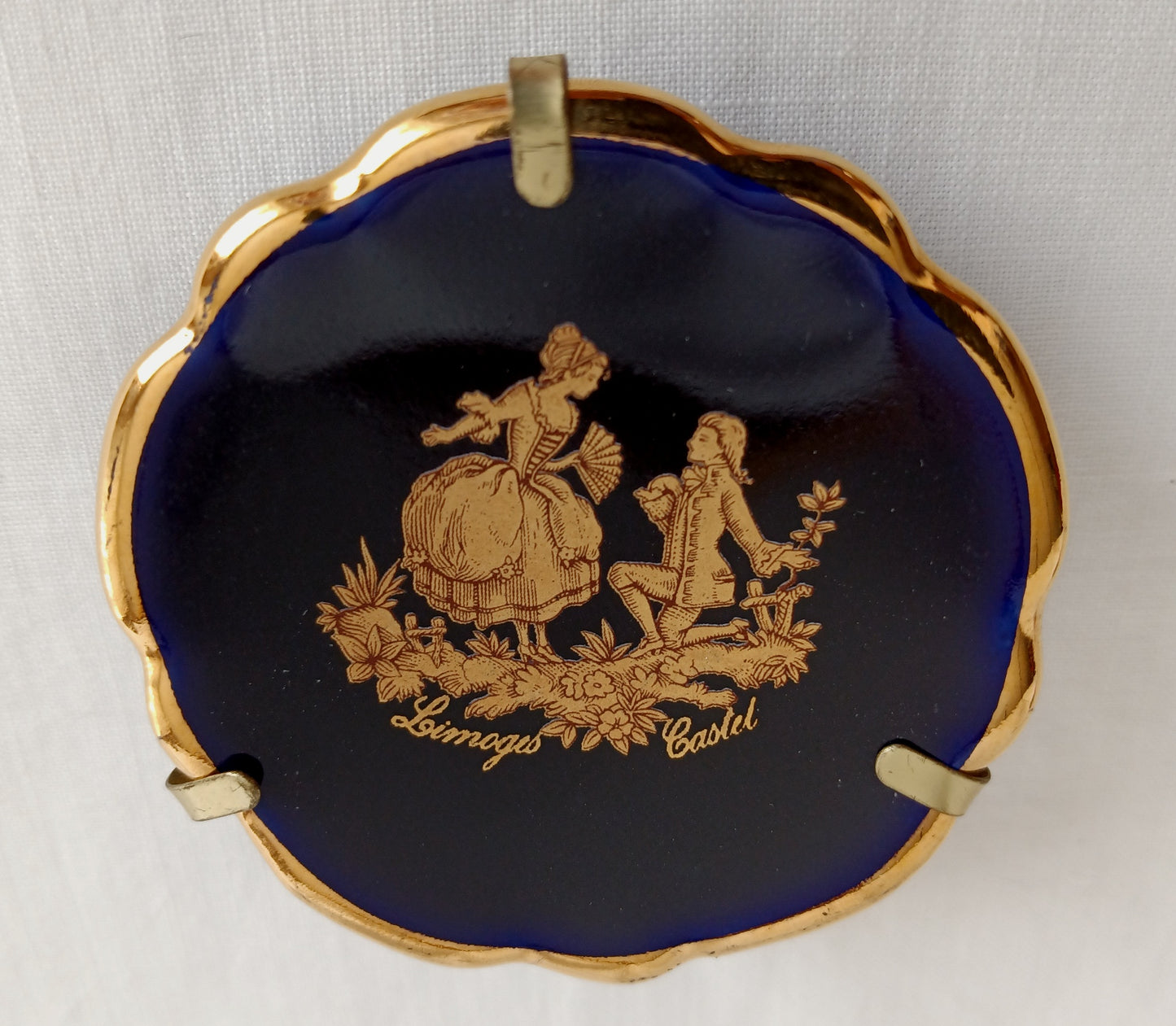 Vintage Mini Plate Limoges Castel Gold Cobalt Blue Enamel Porcelain Courting Couple Collector Plate w/ Ballesta Stand Wall Hanging-France