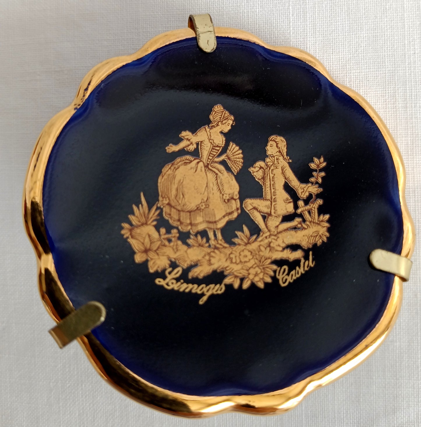 Vintage Mini Plate Limoges Castel Gold Cobalt Blue Enamel Porcelain Courting Couple Collector Plate w/ Ballesta Stand Wall Hanging-France
