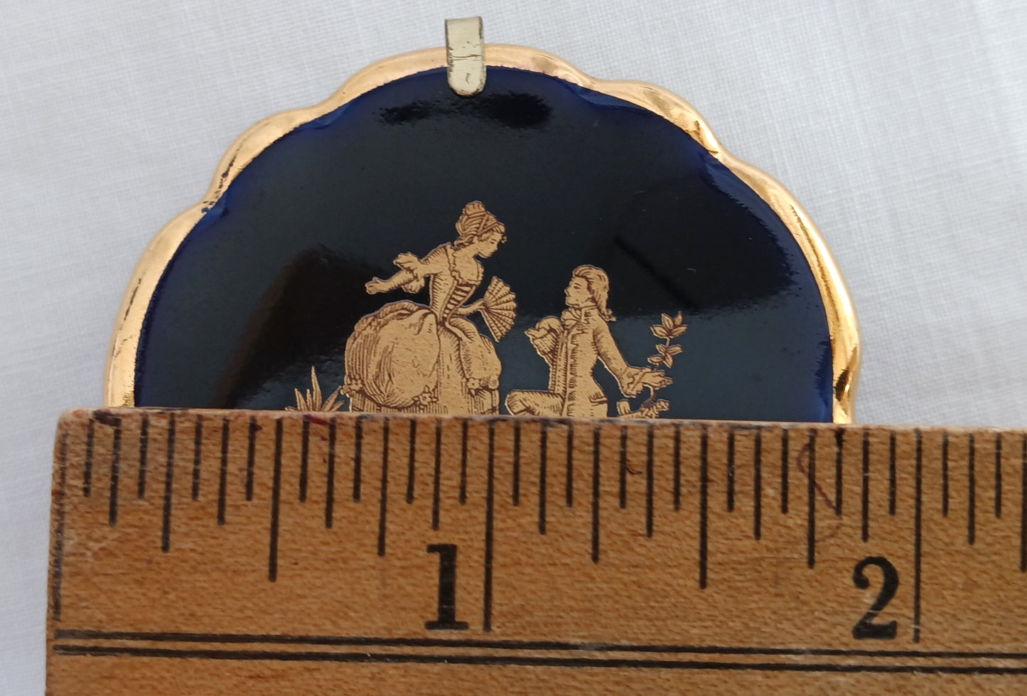 Vintage Mini Plate Limoges Castel Gold Cobalt Blue Enamel Porcelain Courting Couple Collector Plate w/ Ballesta Stand Wall Hanging-France