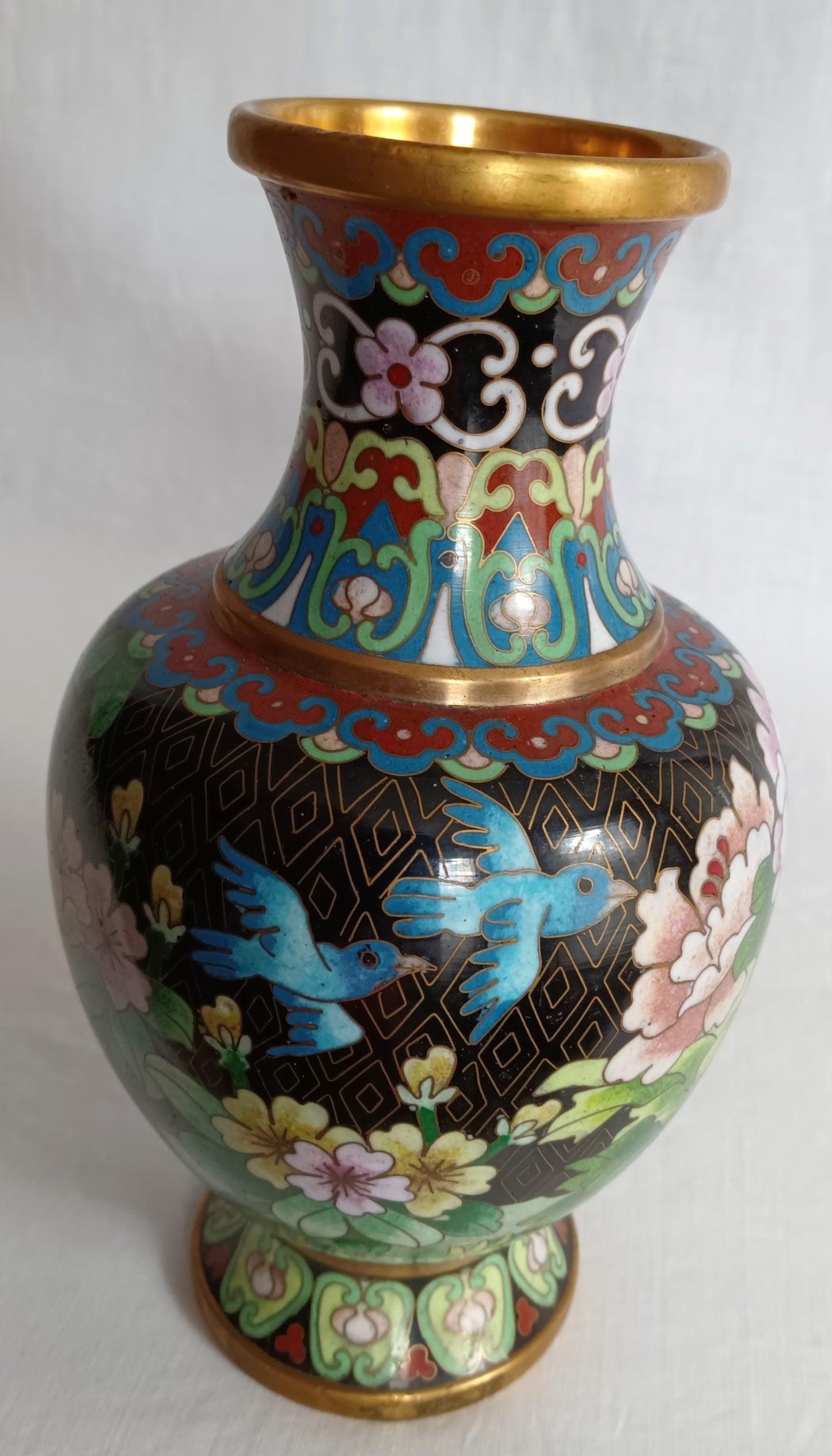 Vintage JINGFA Chinese Cloisonné Vase Colorful Enamel on Brass Blue Birds Floral Oriental Decor