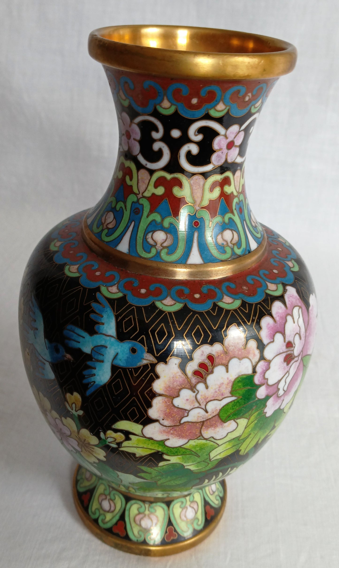Vintage JINGFA Chinese Cloisonné Vase Colorful Enamel on Brass Blue Birds Floral Oriental Decor