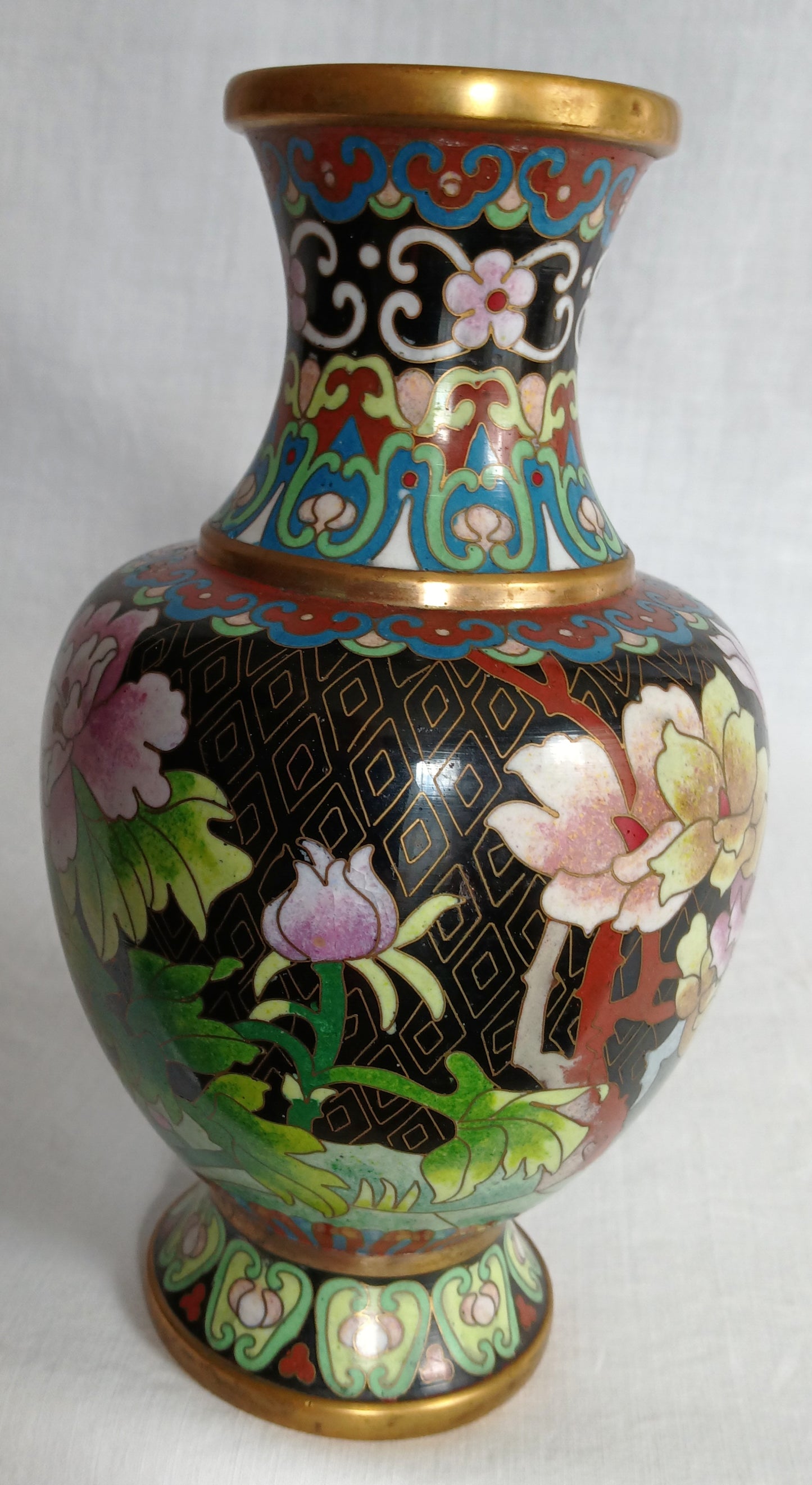 Vintage JINGFA Chinese Cloisonné Vase Colorful Enamel on Brass Blue Birds Floral Oriental Decor