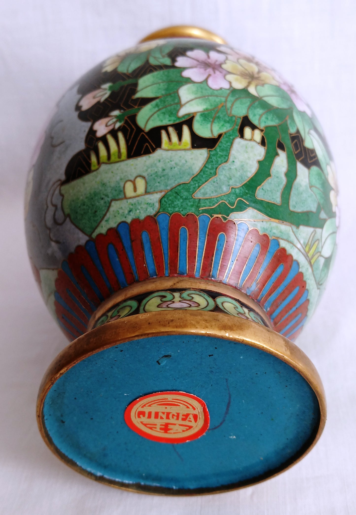 Vintage JINGFA Chinese Cloisonné Vase Colorful Enamel on Brass Blue Birds Floral Oriental Decor