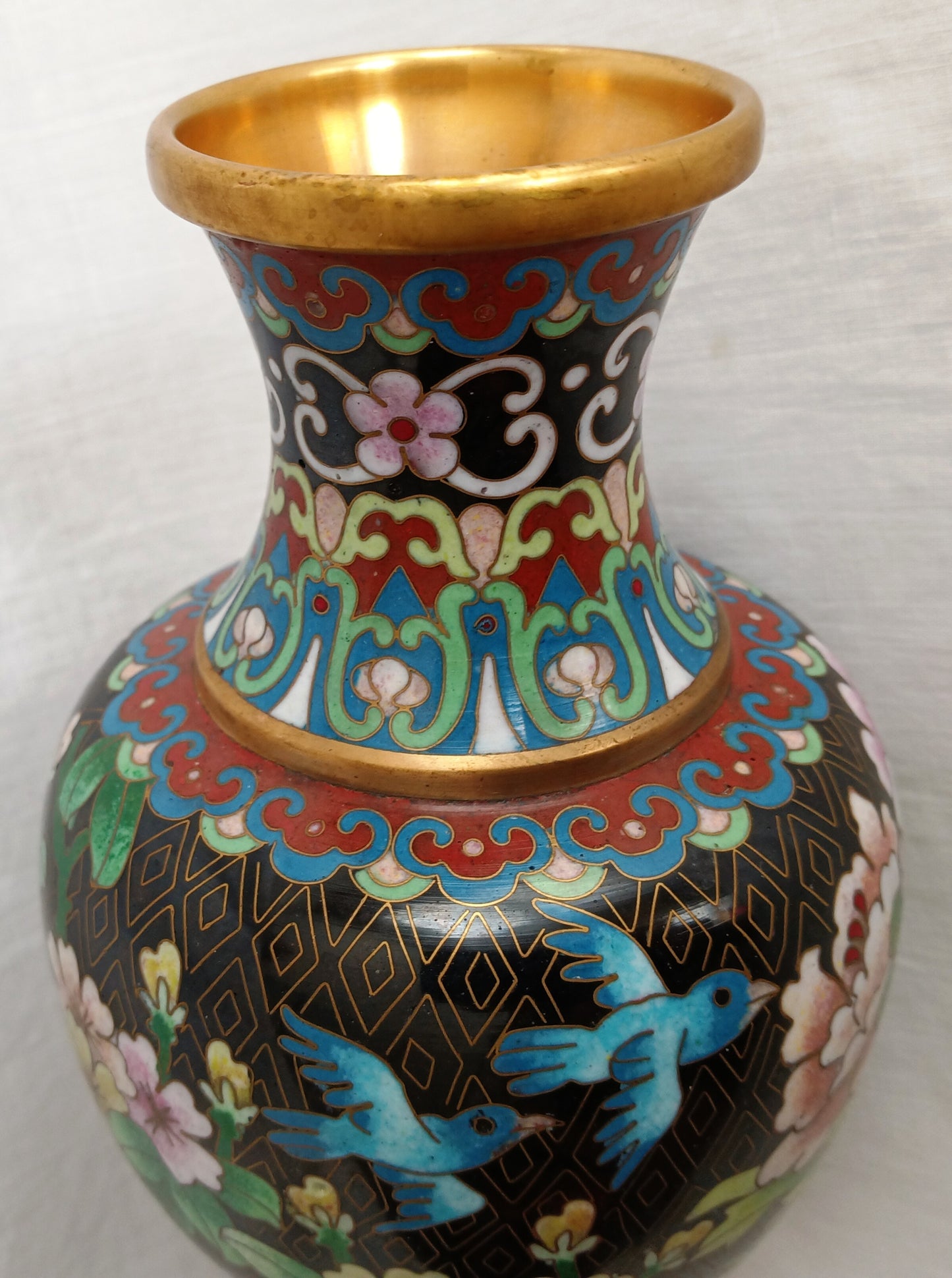 Vintage JINGFA Chinese Cloisonné Vase Colorful Enamel on Brass Blue Birds Floral Oriental Decor