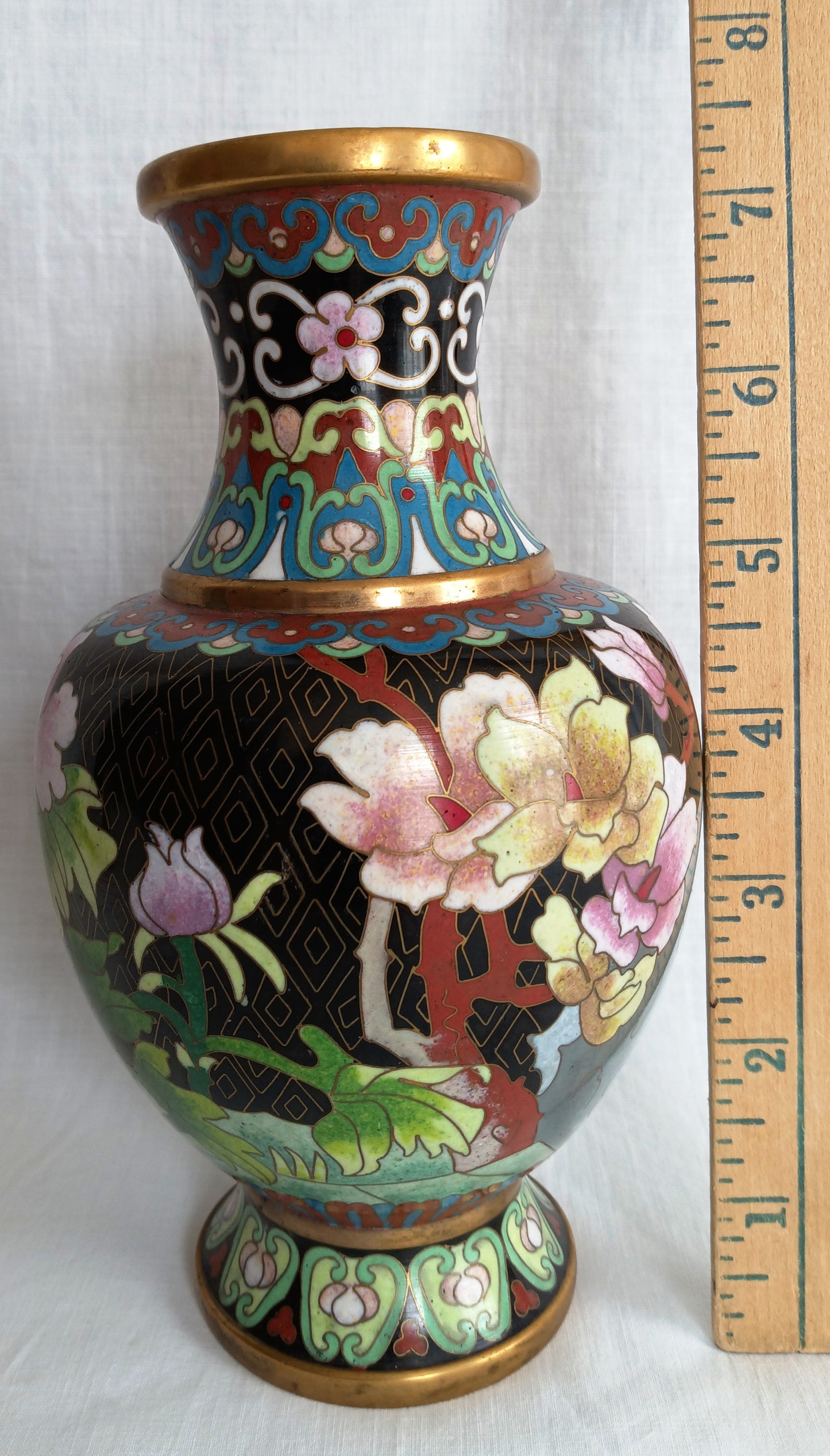 Vintage JINGFA Chinese Cloisonné Vase Colorful Enamel on Brass Blue Birds Floral Oriental Decor