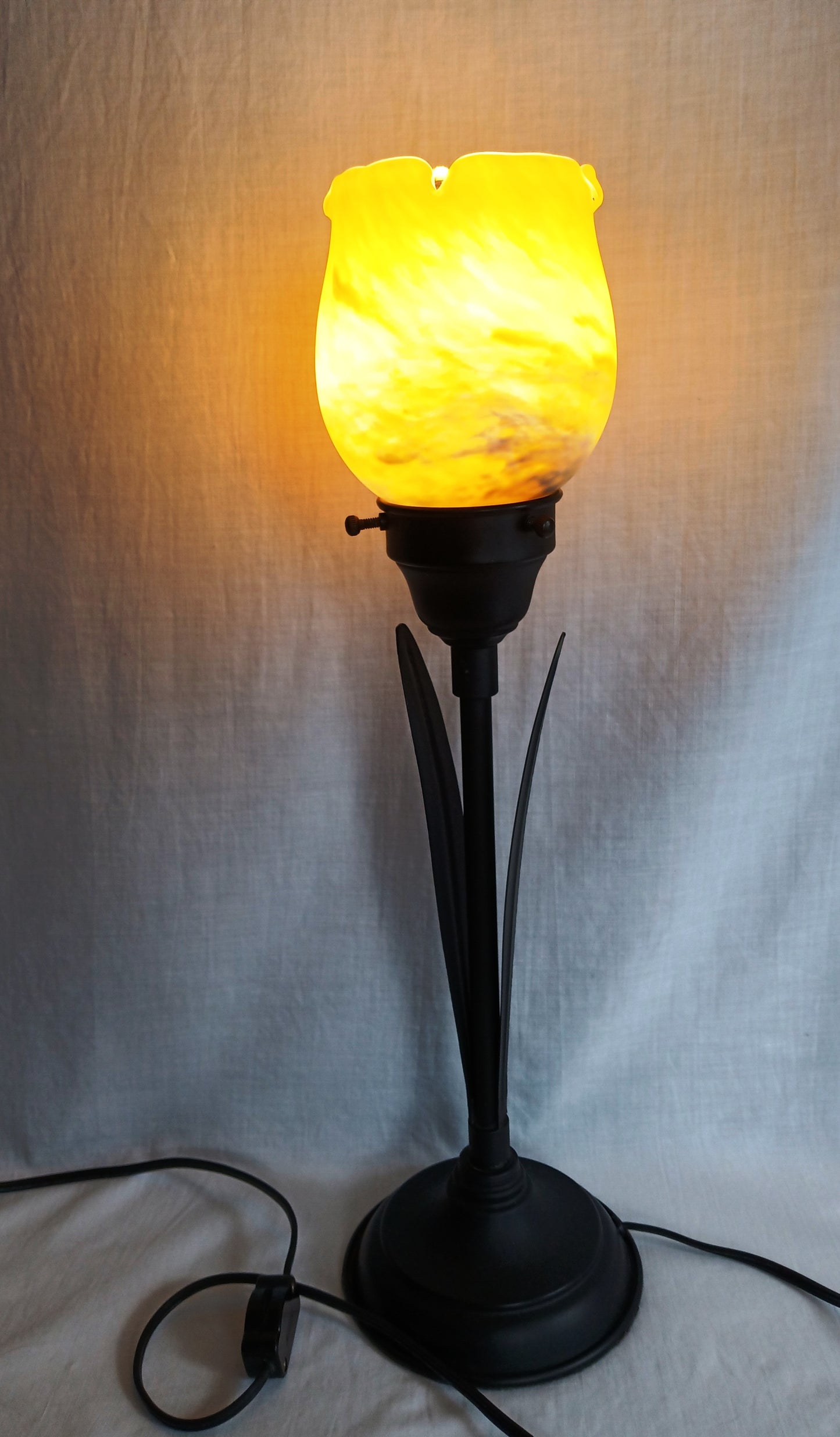 Vintage Tulip Table Lamp Vitriolic Yellow Blue Glass Shade Black Metal Base – Art Nouveau Accent Lamp
