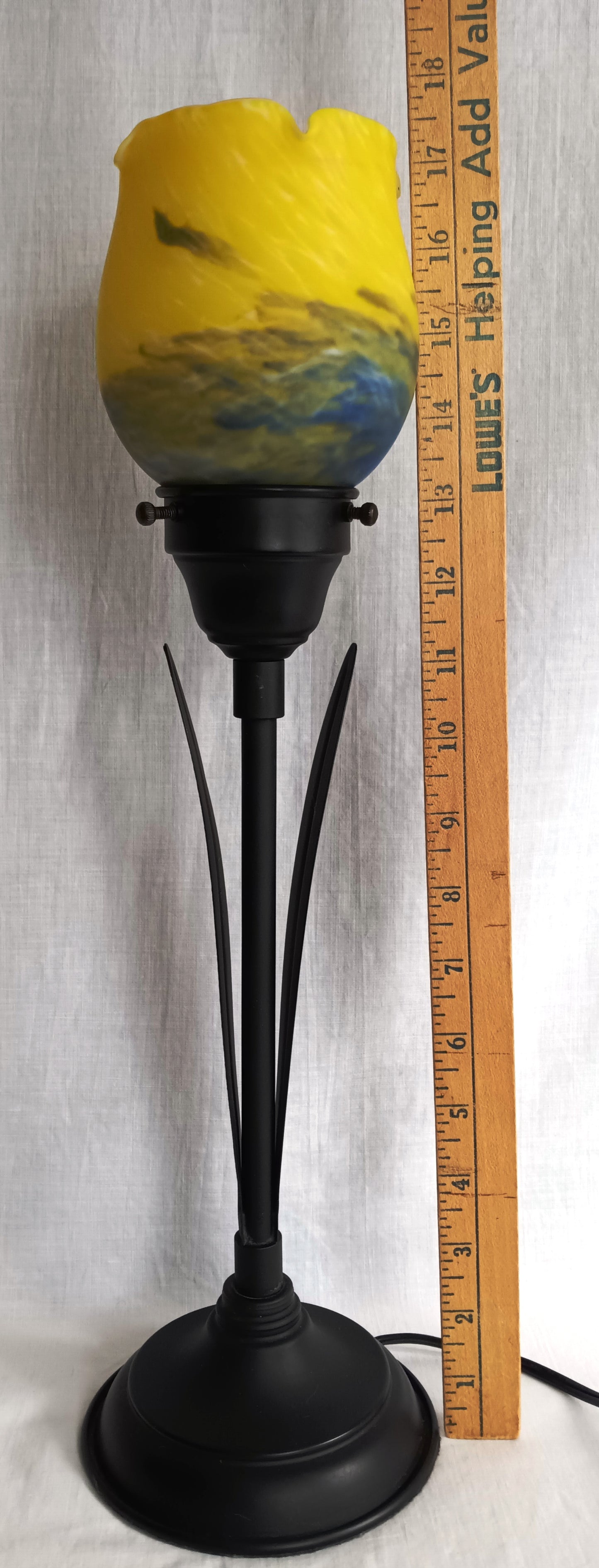 Vintage Tulip Table Lamp Vitriolic Yellow Blue Glass Shade Black Metal Base – Art Nouveau Accent Lamp
