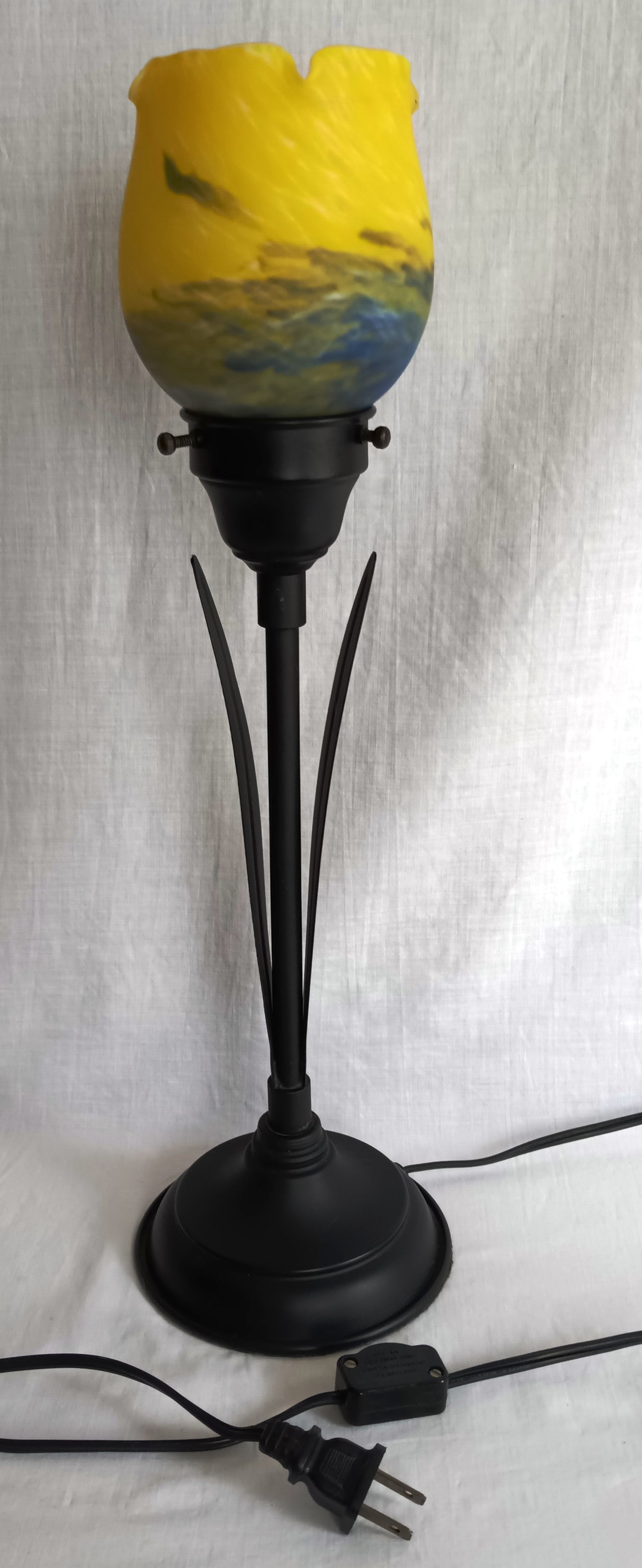 Vintage Tulip Table Lamp Vitriolic Yellow Blue Glass Shade Black Metal Base – Art Nouveau Accent Lamp