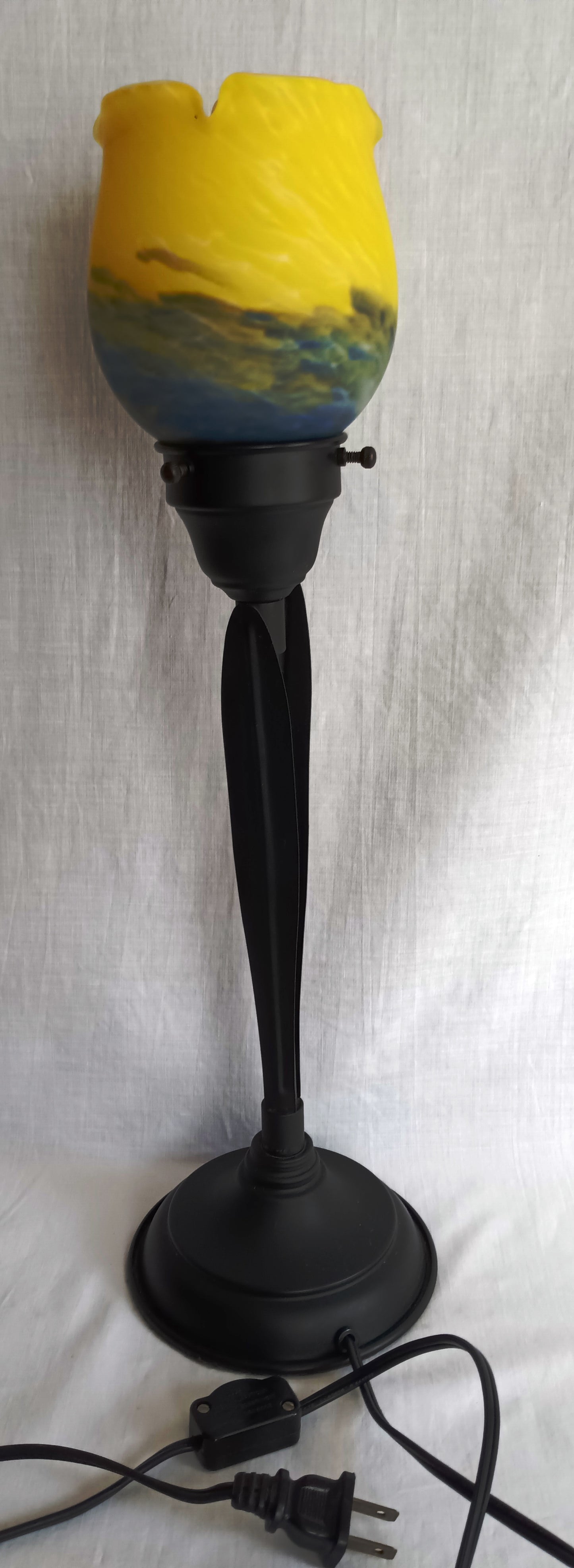 Vintage Tulip Table Lamp Vitriolic Yellow Blue Glass Shade Black Metal Base – Art Nouveau Accent Lamp