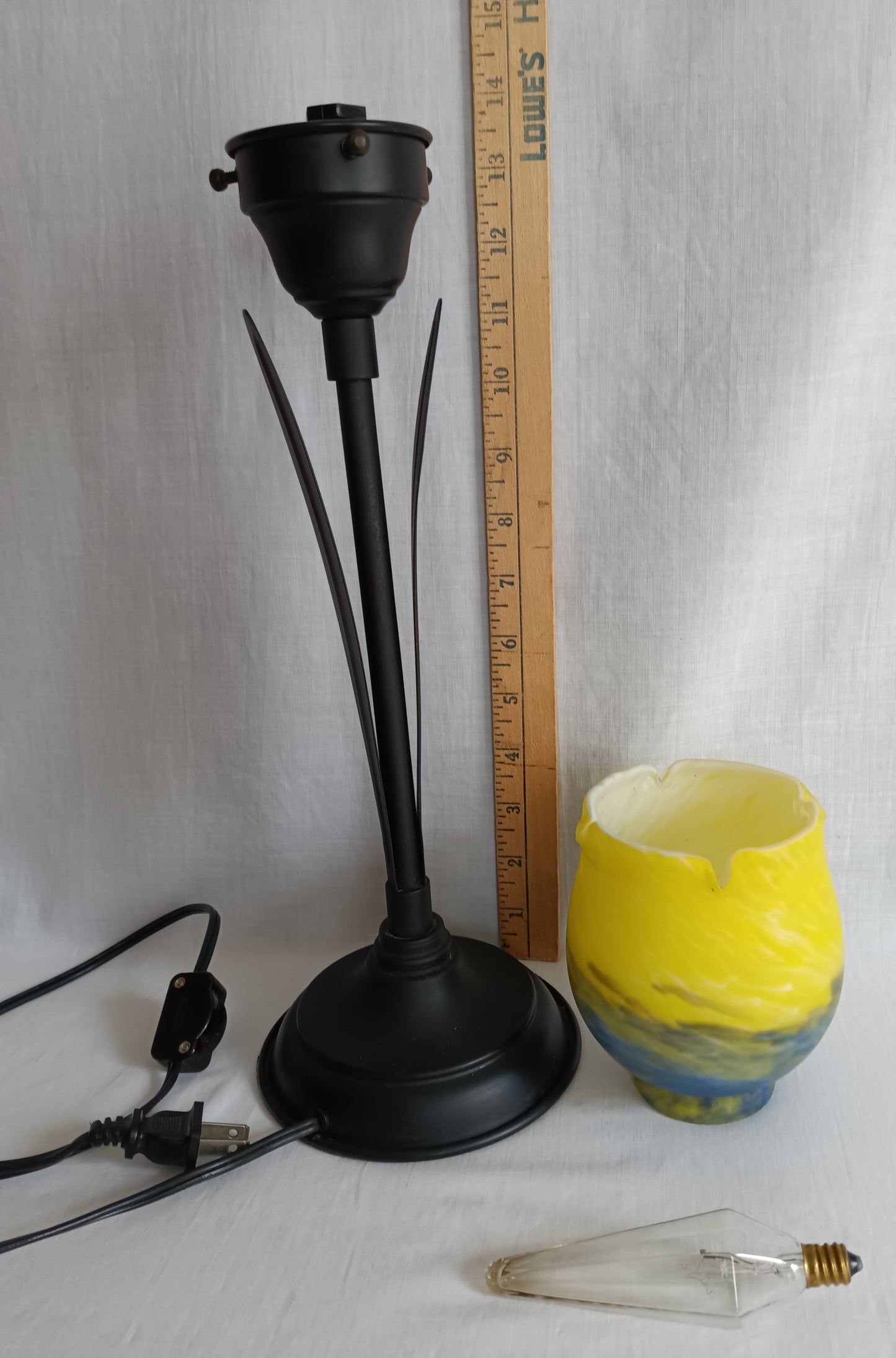 Vintage Tulip Table Lamp Vitriolic Yellow Blue Glass Shade Black Metal Base – Art Nouveau Accent Lamp