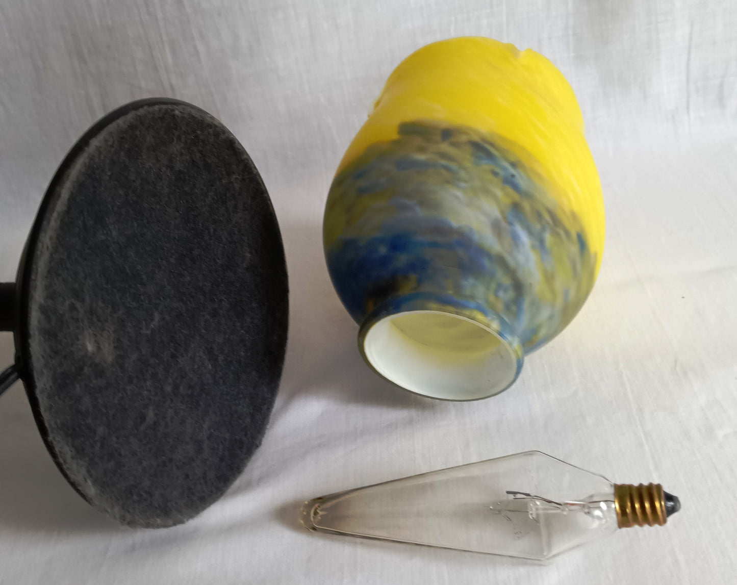 Vintage Tulip Table Lamp Vitriolic Yellow Blue Glass Shade Black Metal Base – Art Nouveau Accent Lamp