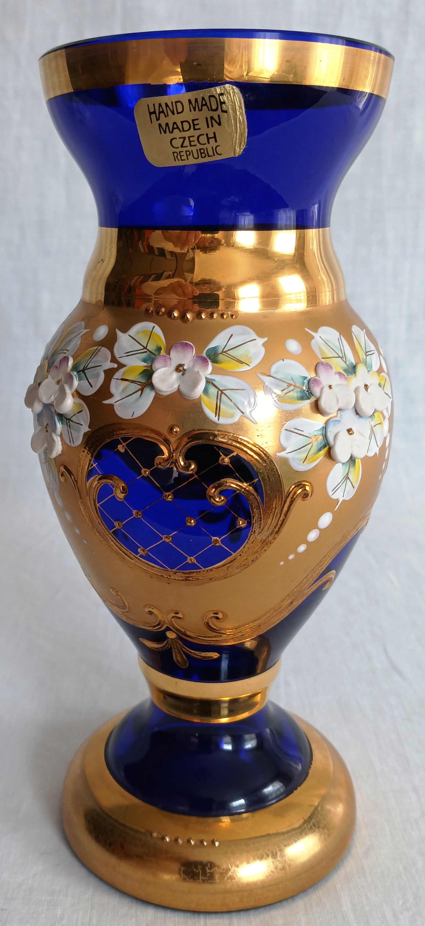 Handmade Bohemian Style Cobalt Blue Vase Enamel 24k Gold 3D Flowers Art Glass Mint Condition-Made in Czech Republic