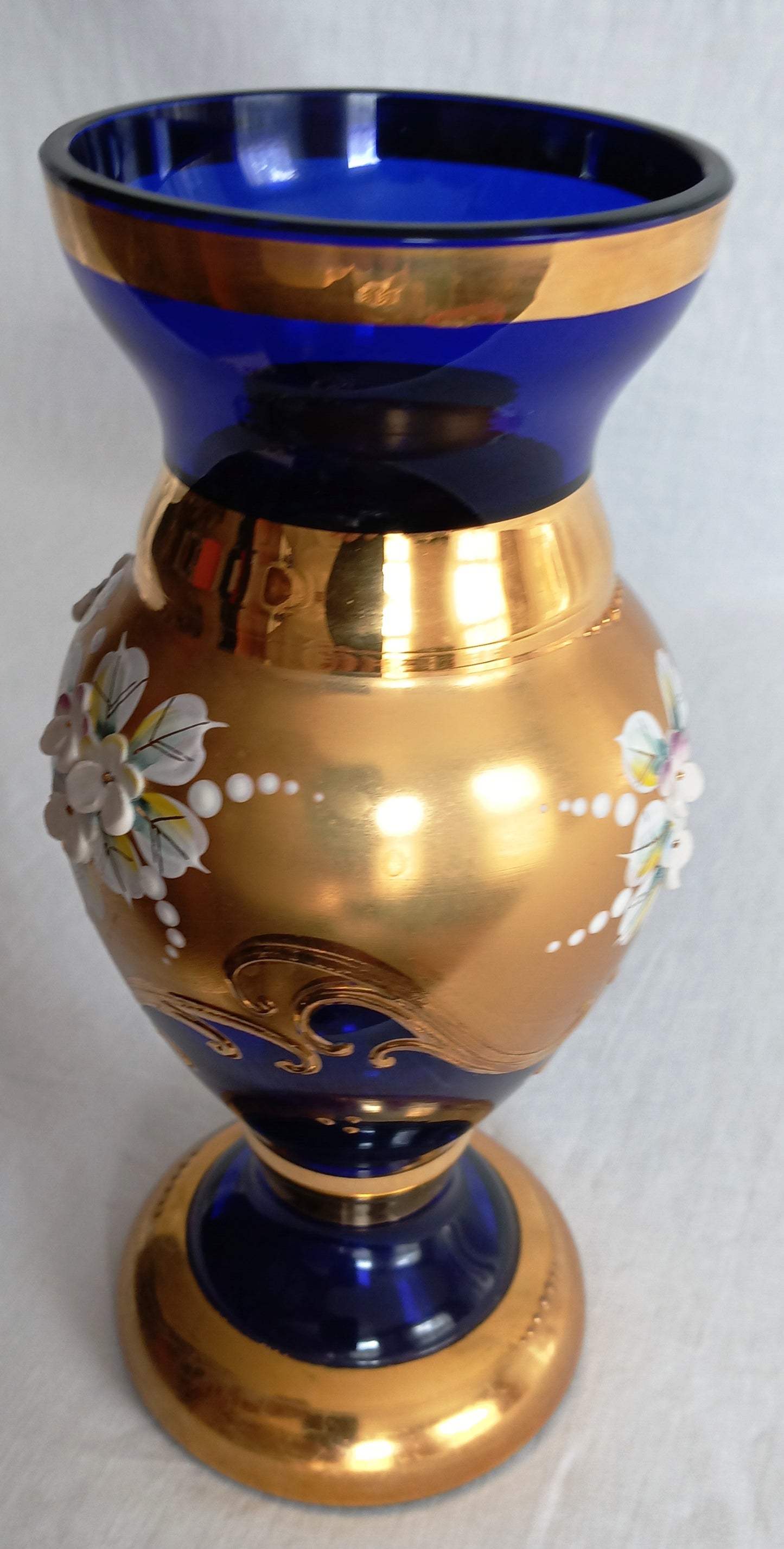Handmade Bohemian Style Cobalt Blue Vase Enamel 24k Gold 3D Flowers Art Glass Mint Condition-Made in Czech Republic