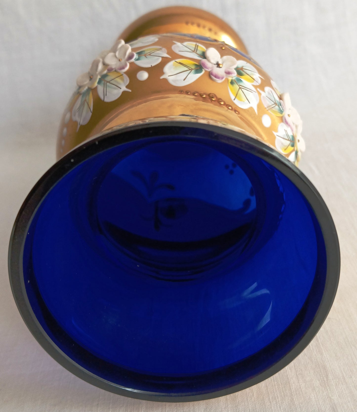 Handmade Bohemian Style Cobalt Blue Vase Enamel 24k Gold 3D Flowers Art Glass Mint Condition-Made in Czech Republic