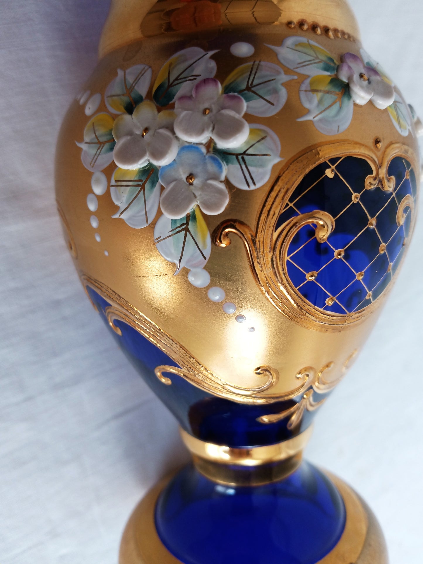 Handmade Bohemian Style Cobalt Blue Vase Enamel 24k Gold 3D Flowers Art Glass Mint Condition-Made in Czech Republic