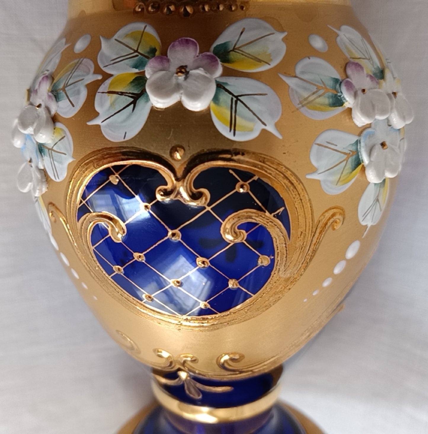 Handmade Bohemian Style Cobalt Blue Vase Enamel 24k Gold 3D Flowers Art Glass Mint Condition-Made in Czech Republic