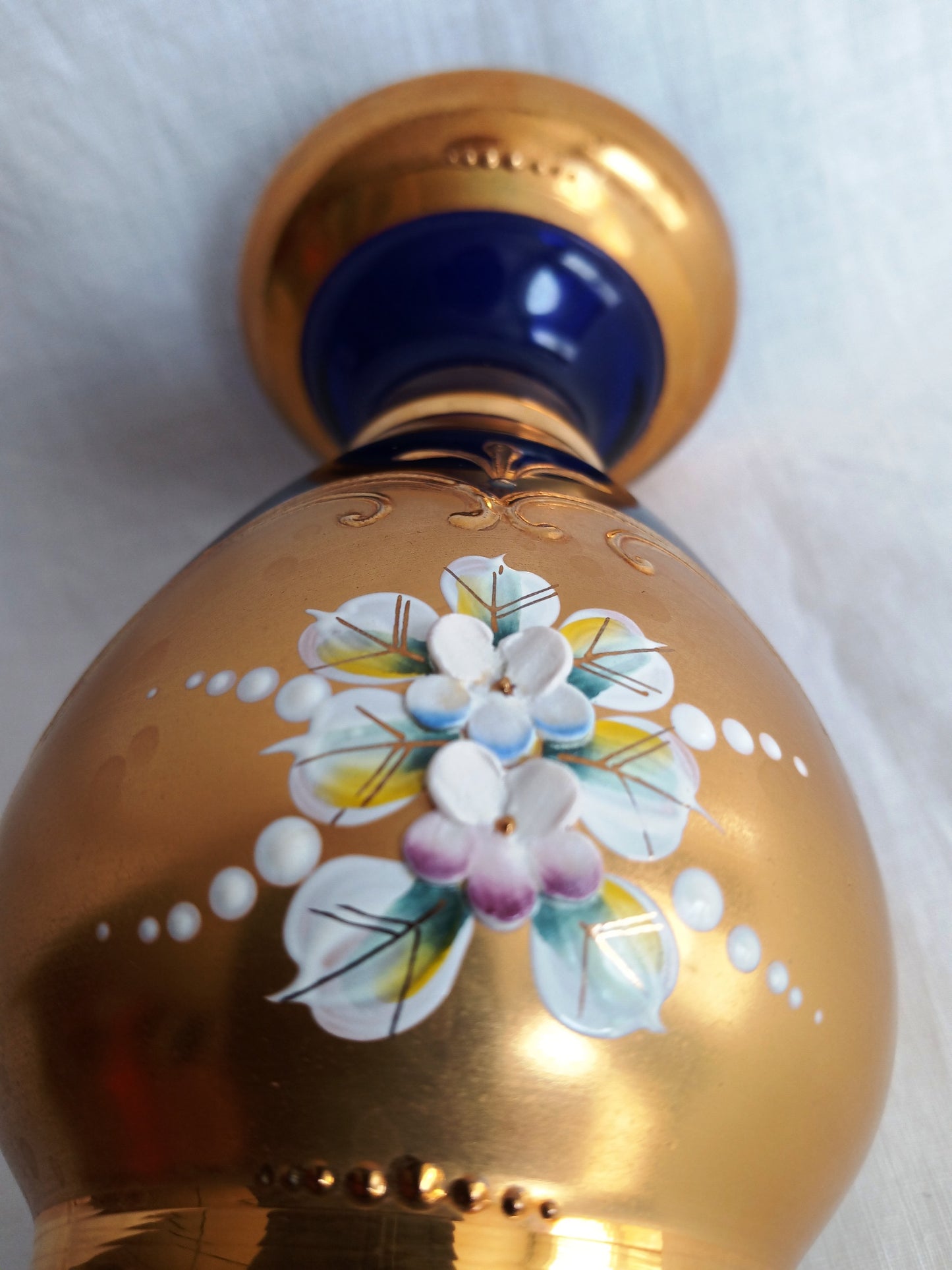 Handmade Bohemian Style Cobalt Blue Vase Enamel 24k Gold 3D Flowers Art Glass Mint Condition-Made in Czech Republic