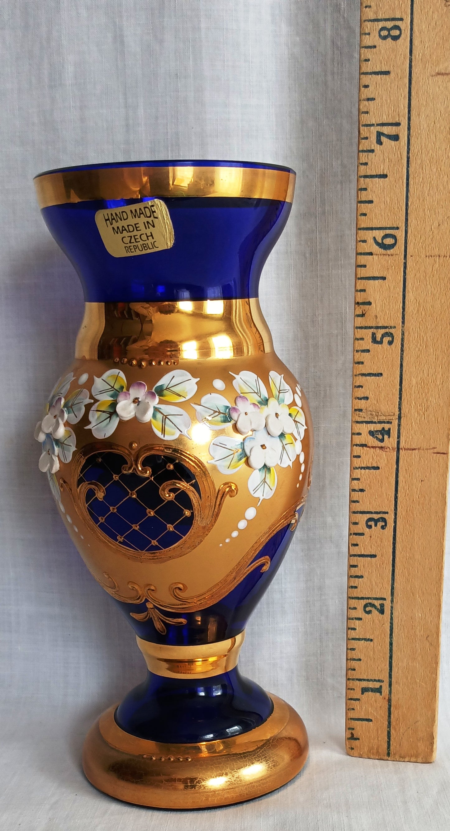 Handmade Bohemian Style Cobalt Blue Vase Enamel 24k Gold 3D Flowers Art Glass Mint Condition-Made in Czech Republic