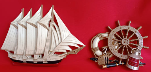 Vintage Set of 2 Wall Plaques Burwood Nautical Clipper Ship Wheel Wall Décor-1995-Made in USA