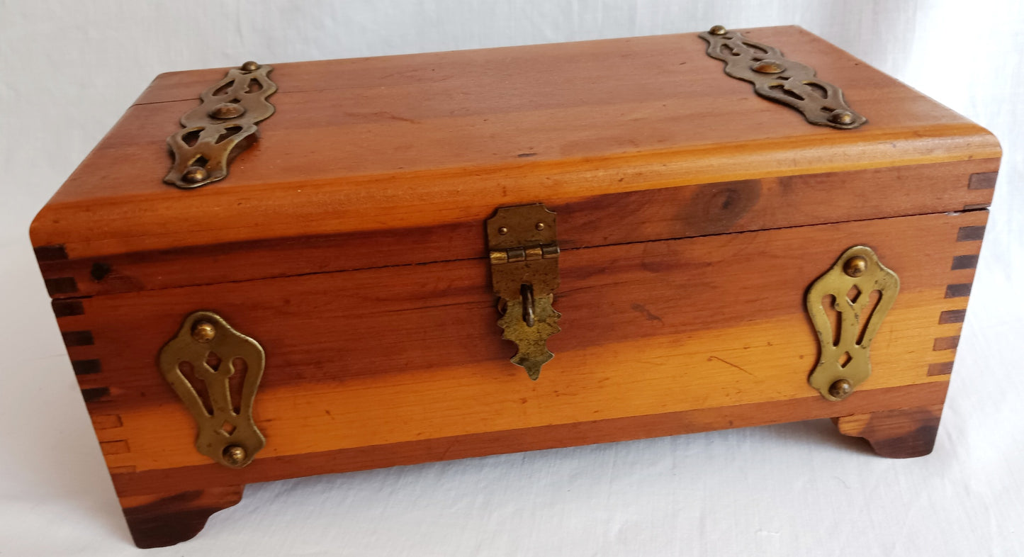 Vintage Cedar Wood Storage Box Jewelry Trinket Box Brass Hinged Lid Latch Footed Small Chest Rectangular Shape