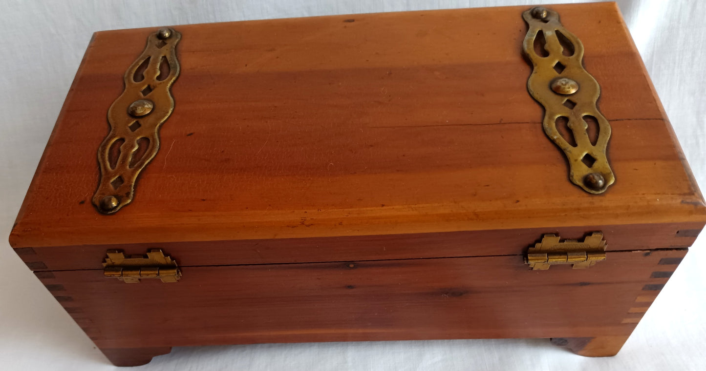 Vintage Cedar Wood Storage Box Jewelry Trinket Box Brass Hinged Lid Latch Footed Small Chest Rectangular Shape