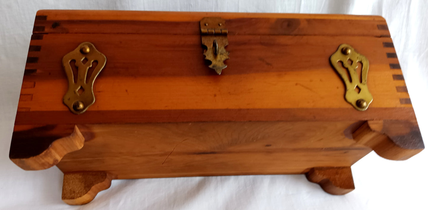 Vintage Cedar Wood Storage Box Jewelry Trinket Box Brass Hinged Lid Latch Footed Small Chest Rectangular Shape