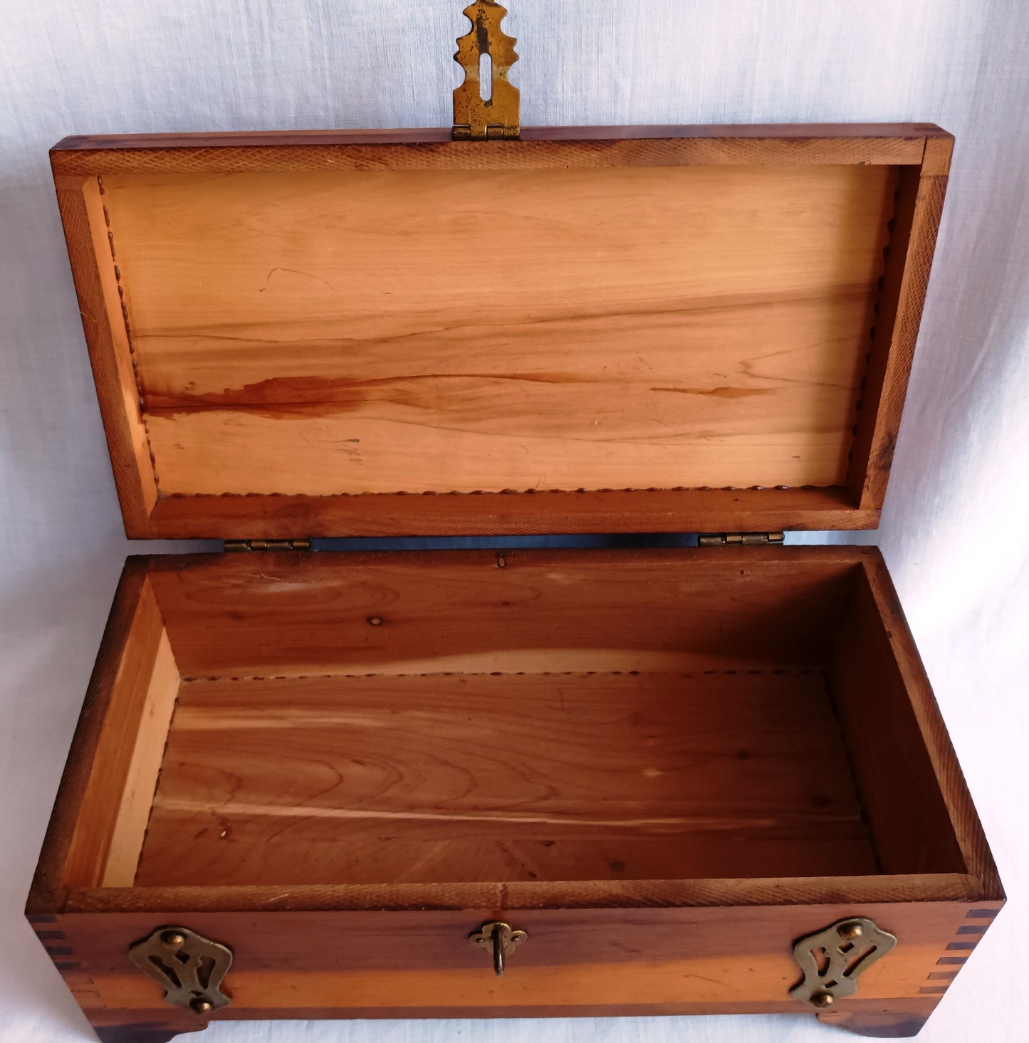Vintage Cedar Wood Storage Box Jewelry Trinket Box Brass Hinged Lid Latch Footed Small Chest Rectangular Shape