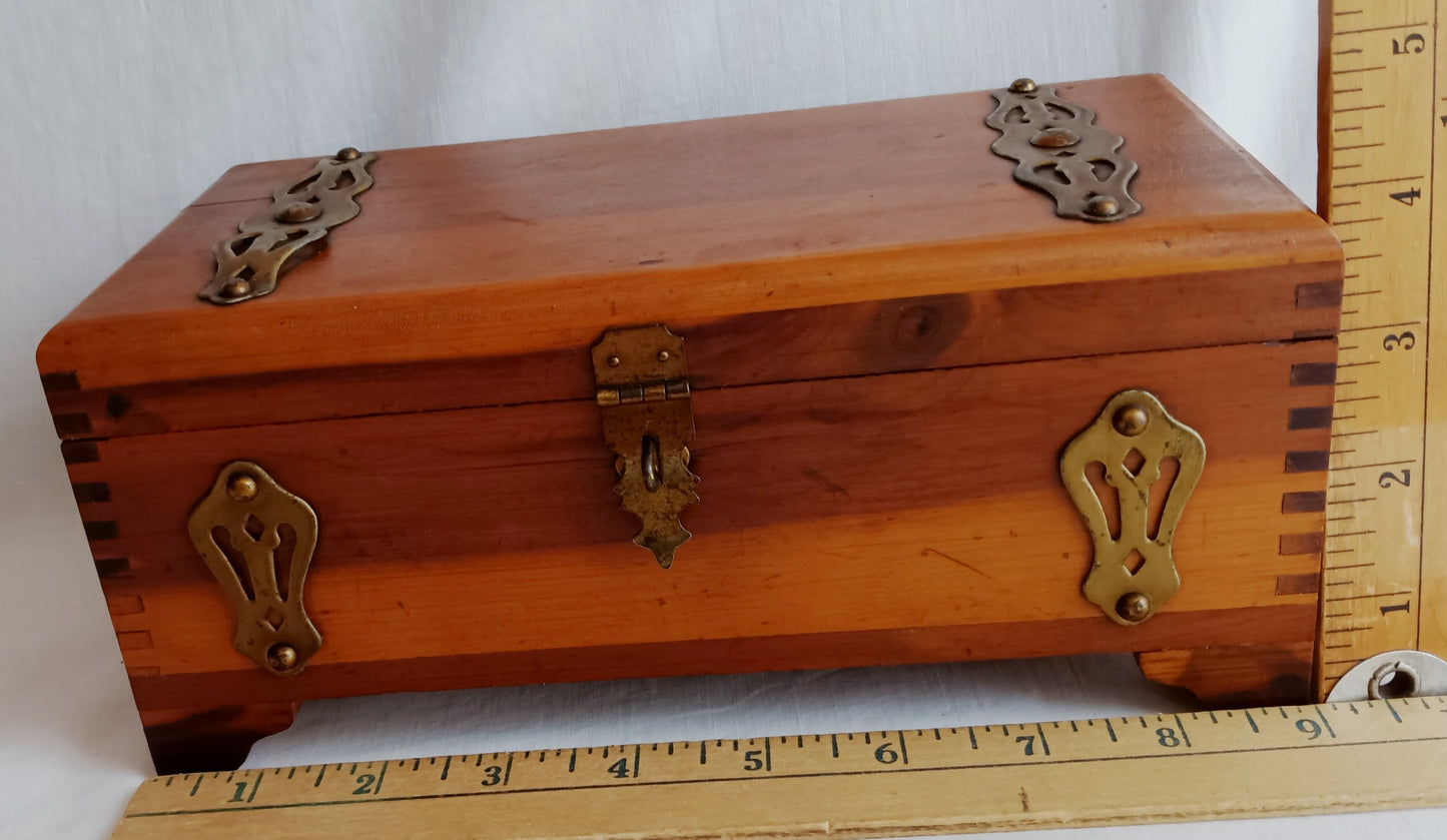 Vintage Cedar Wood Storage Box Jewelry Trinket Box Brass Hinged Lid Latch Footed Small Chest Rectangular Shape