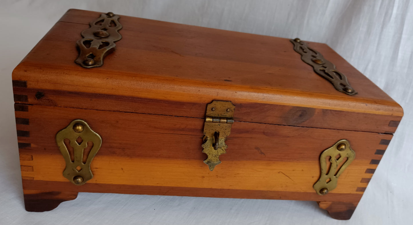 Vintage Cedar Wood Storage Box Jewelry Trinket Box Brass Hinged Lid Latch Footed Small Chest Rectangular Shape