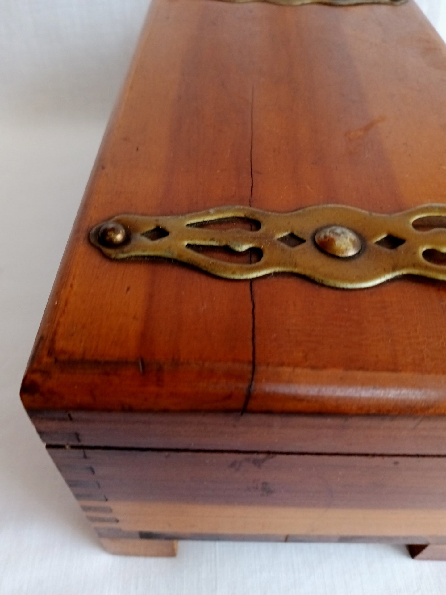 Vintage Cedar Wood Storage Box Jewelry Trinket Box Brass Hinged Lid Latch Footed Small Chest Rectangular Shape