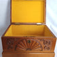 Vintage Hand Carved Wooden Wind-Up Music Box Lidded Hinged Footed Lined Large Storage Jewelry Box Signed